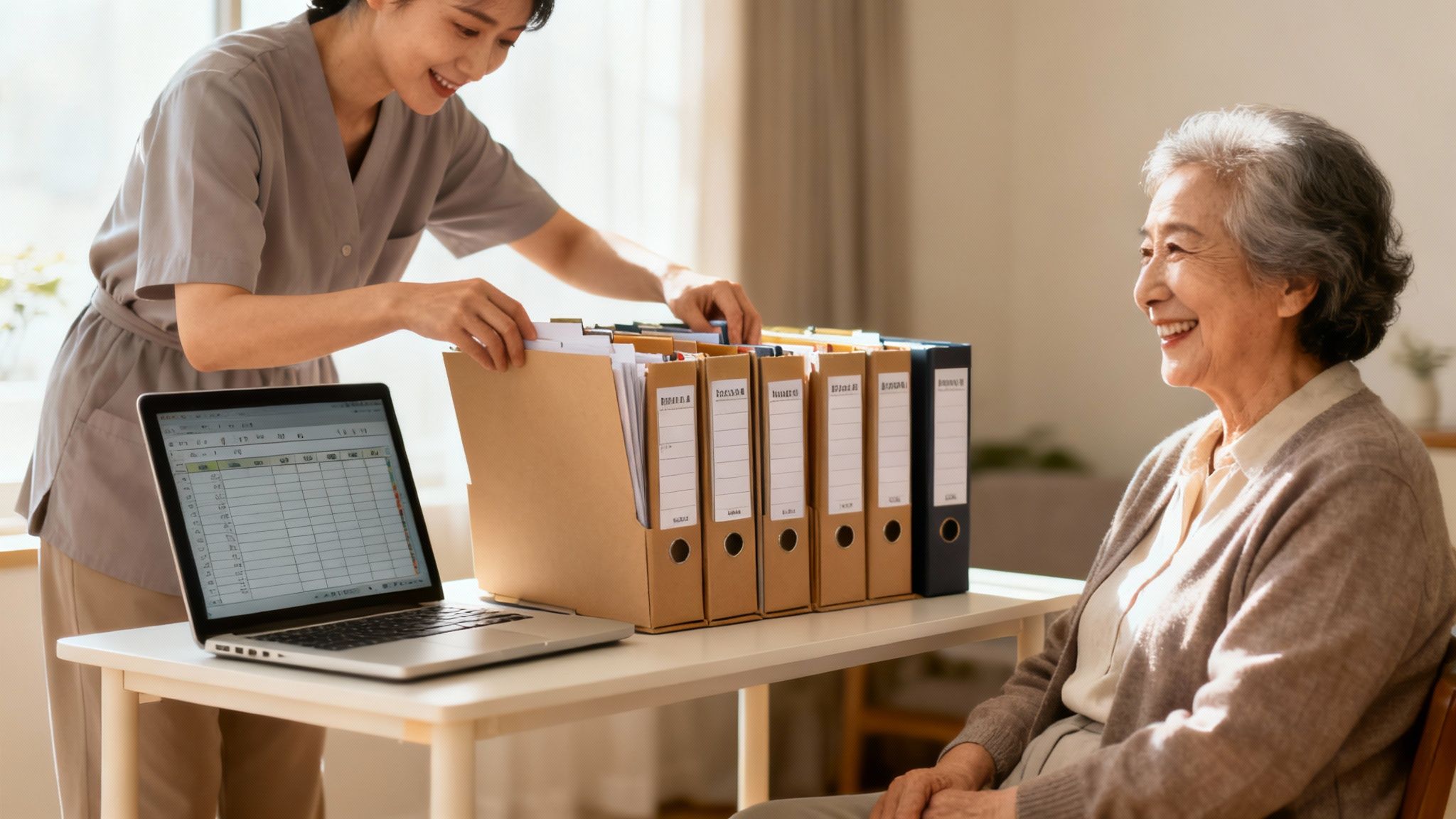 Caregiver assisting elderly woman with paperwork, laptop displaying financial data, emphasizing guardianship responsibilities and transparency in Texas.