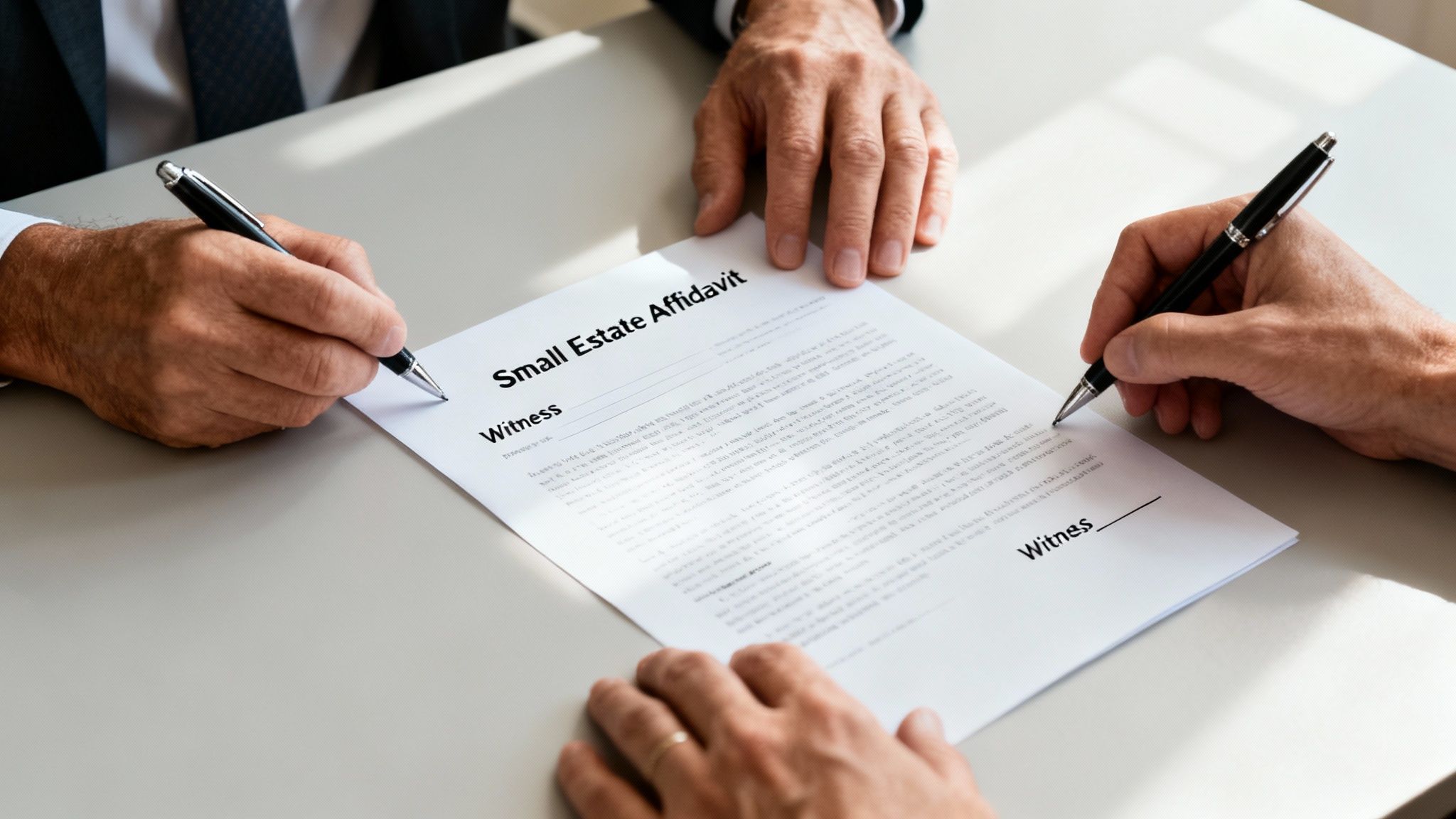 Two people signing a Small Estate Affidavit document with pens, indicating a legal agreement.