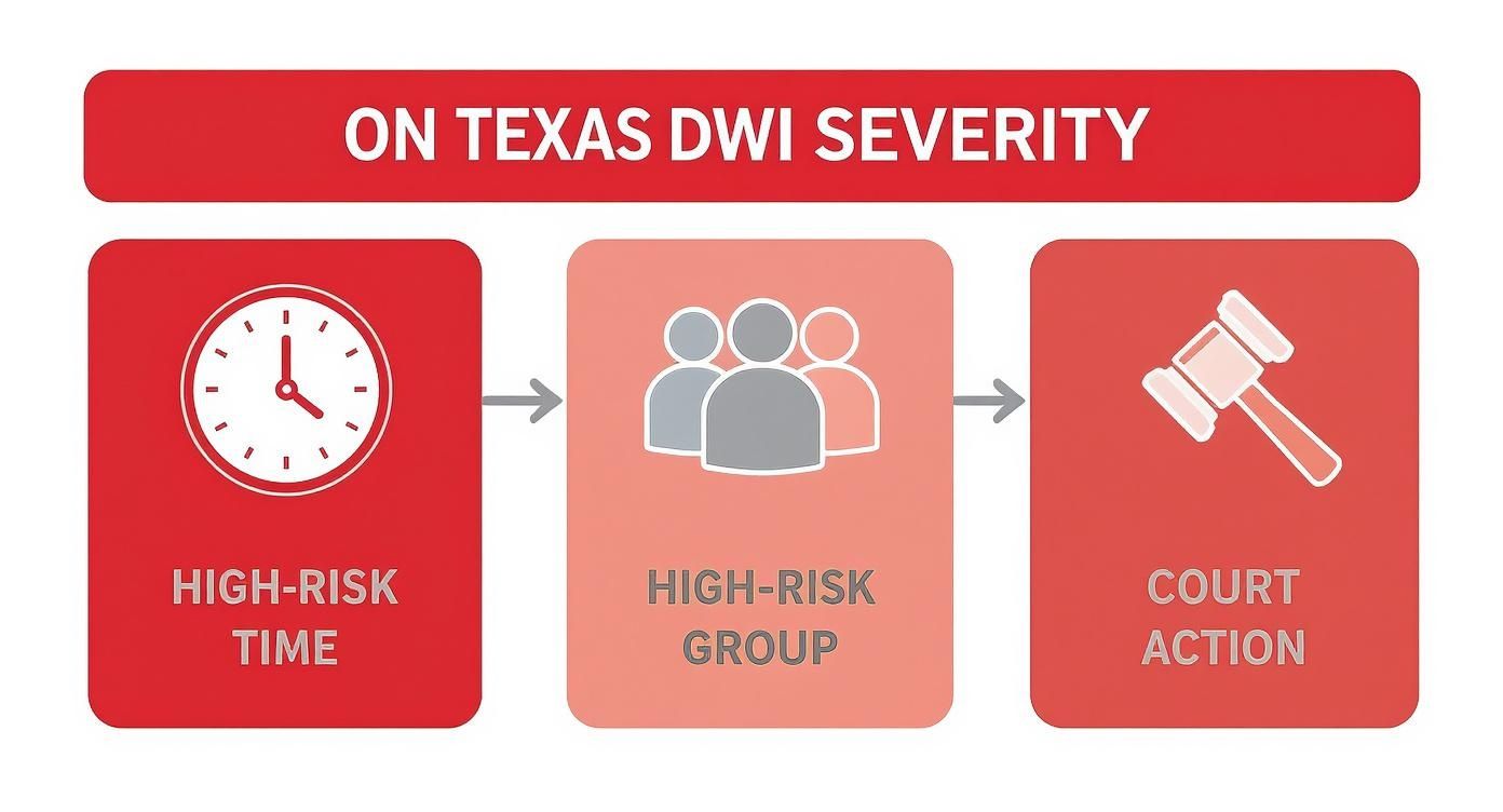 Flowchart illustrating Texas DWI severity, showing high-risk time leading to high-risk group and resulting in court action.