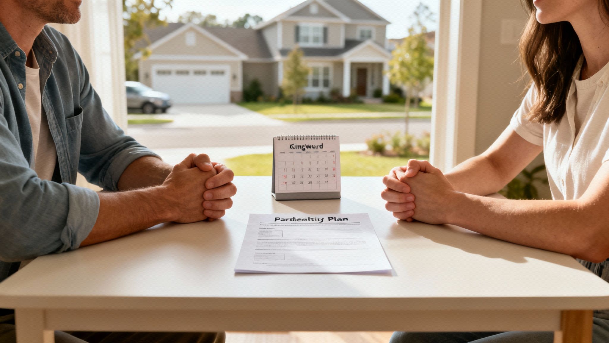 Couple discussing joint custody in Texas with a parenting plan document and calendar on a table in a home setting.