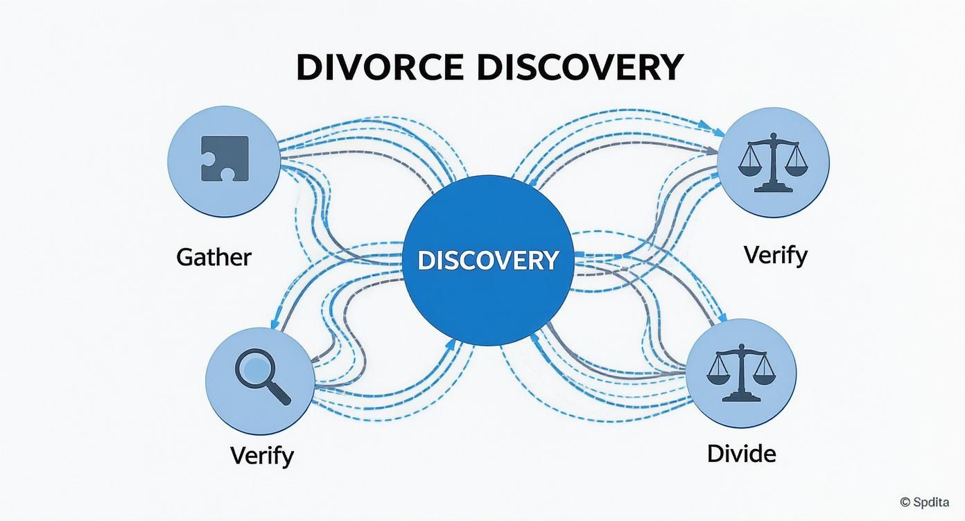 A diagram illustrating the divorce discovery process, connecting gather, verify, and divide stages to a central discovery hub.