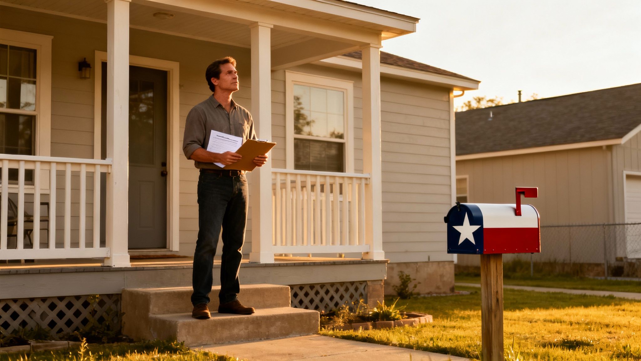 A man on a porch holds papers and a clipboard, looking up, near a Texas flag mailbox.