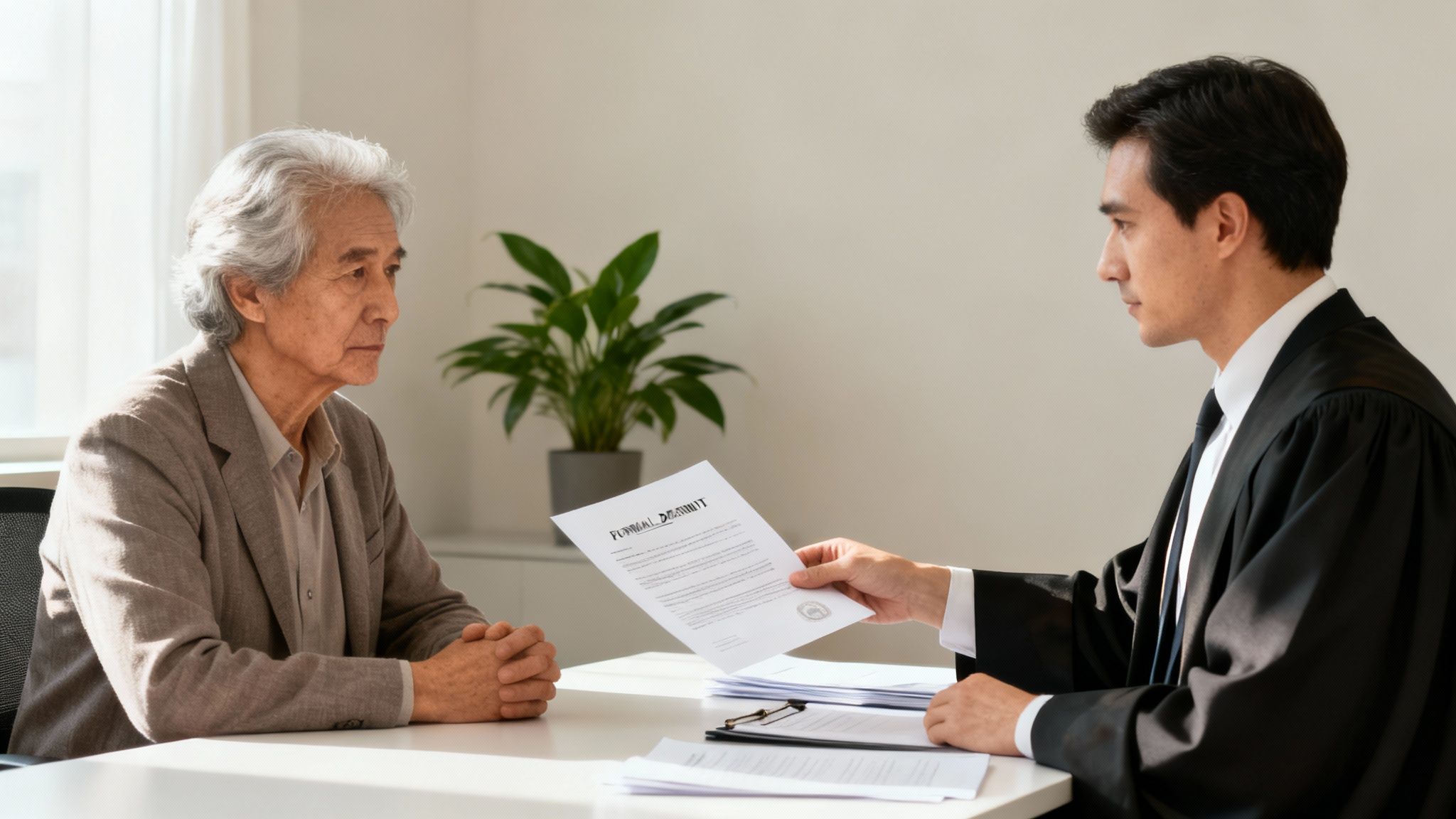 An older man with gray hair attentively listens to a lawyer in a black robe handing him a legal document across a desk.