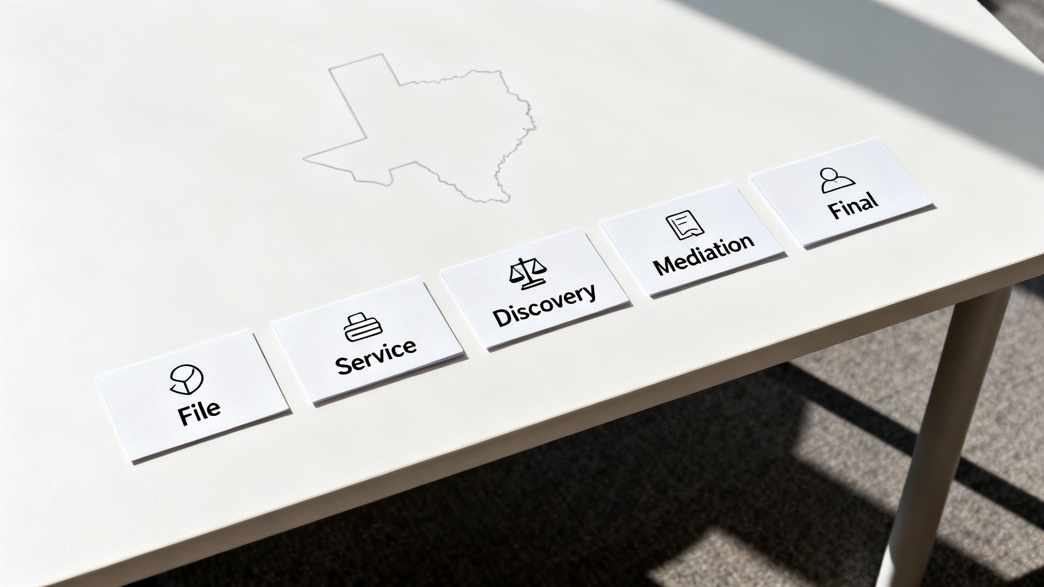 Visual representation of divorce process steps: File, Service, Discovery, Mediation, Final, with Texas outline, emphasizing legal guidance in divorce proceedings.