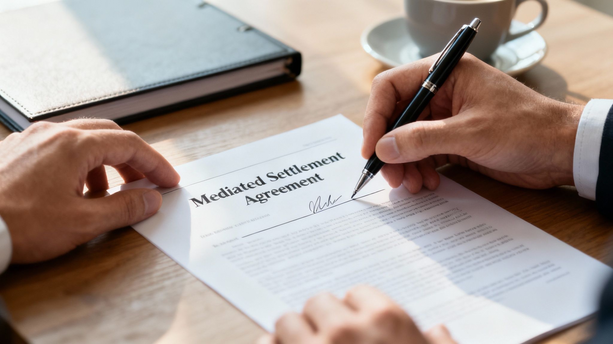 Close-up of a person's hands signing a "Mediated Settlement Agreement" document with a pen.