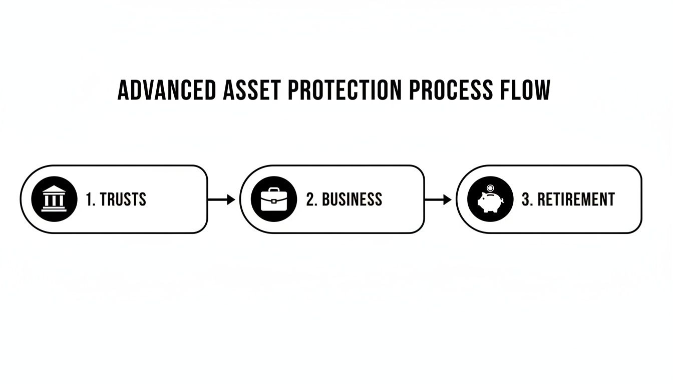 A diagram illustrating an advanced asset protection process flow involving Trusts, Business, and Retirement.