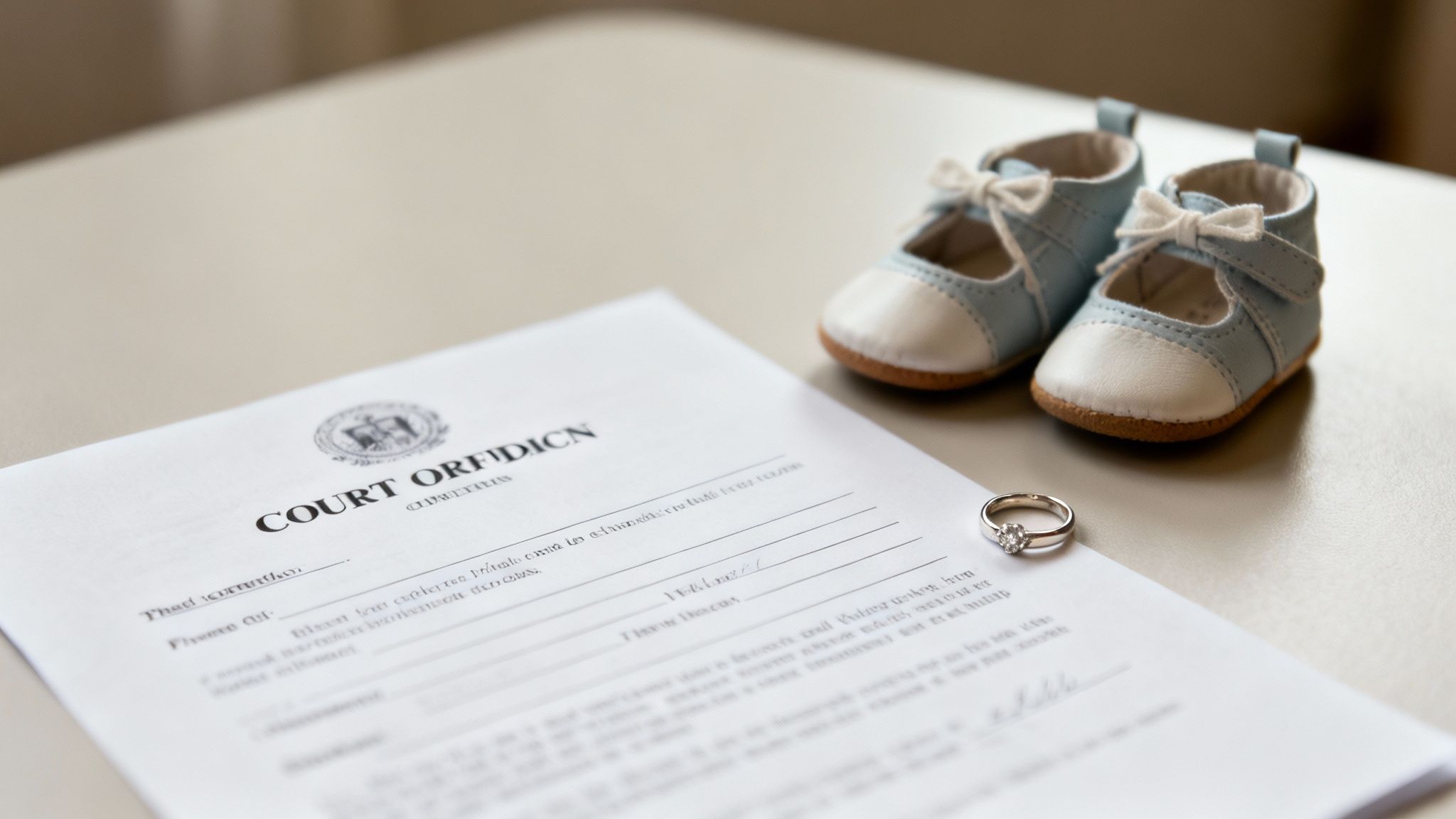 A court order document, baby shoes, and a diamond ring arranged on a light surface.
