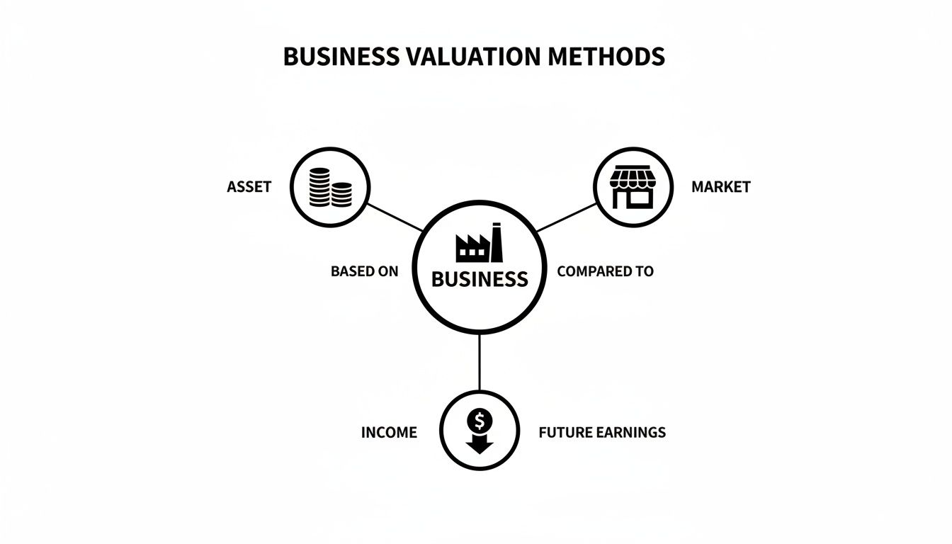 Diagram showing business valuation methods based on assets, market comparisons, and future income earnings.
