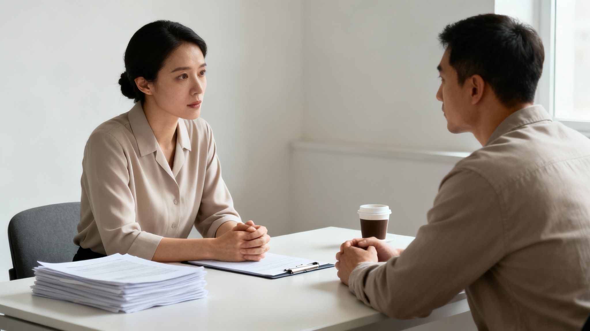 Dos personas asiáticas sentadas en una mesa en una reunión profesional o entrevista, con documentos y café.