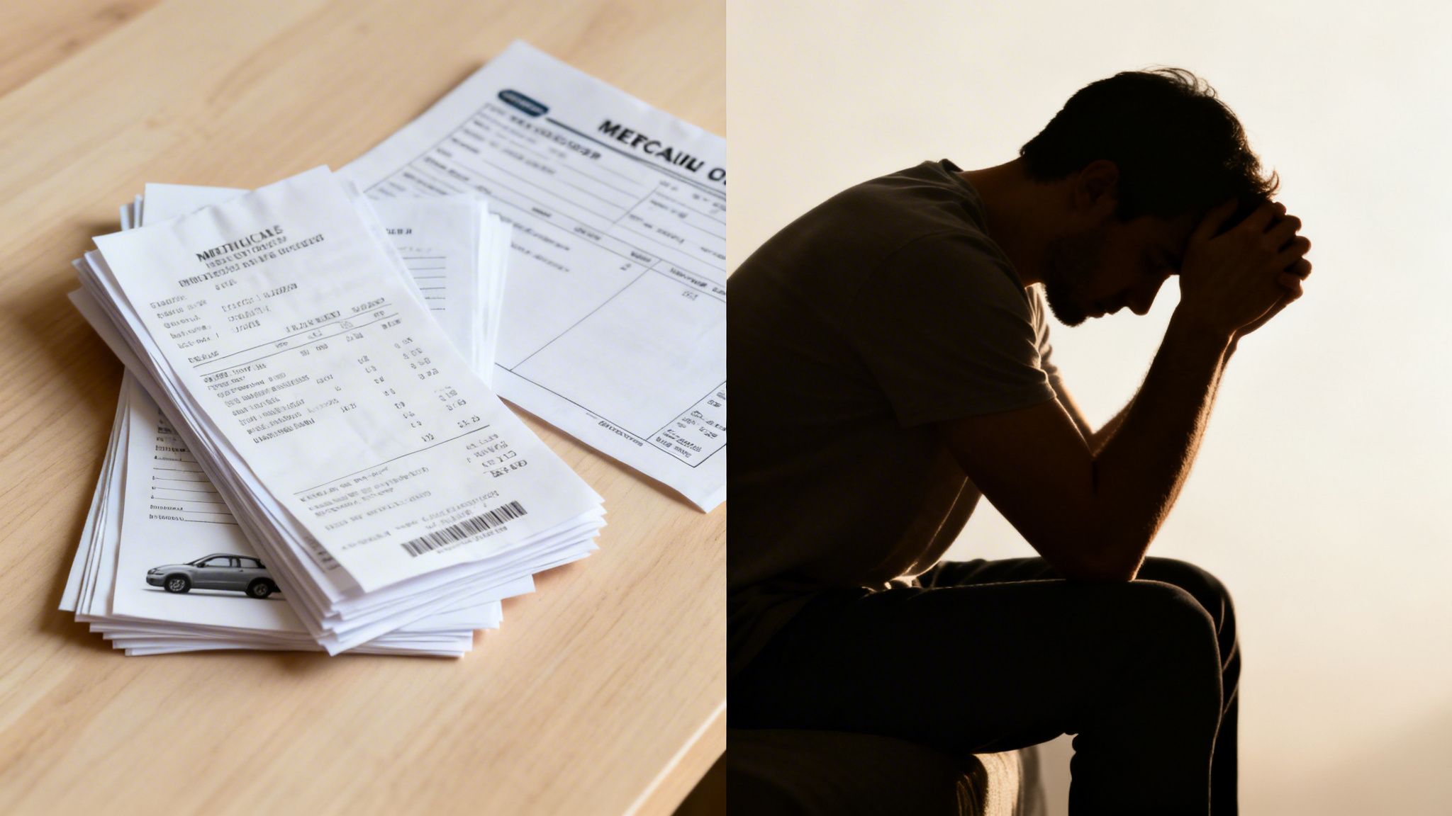 A man's silhouette shows distress, juxtaposed with a stack of financial bills and receipts.
