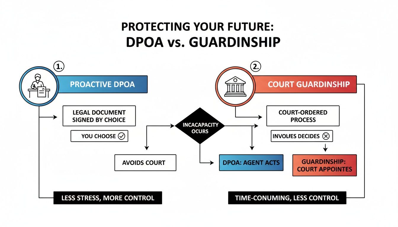 Flowchart comparing Durable Power of Attorney (DPOA) and court guardianship, illustrating proactive DPOA benefits like control and stress reduction versus the drawbacks of court-ordered guardianship.