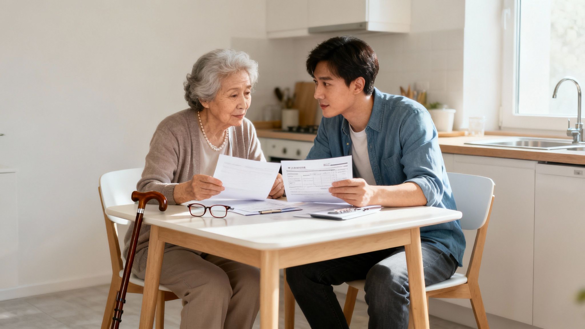 Elderly woman and young man reviewing financial documents together at a table.