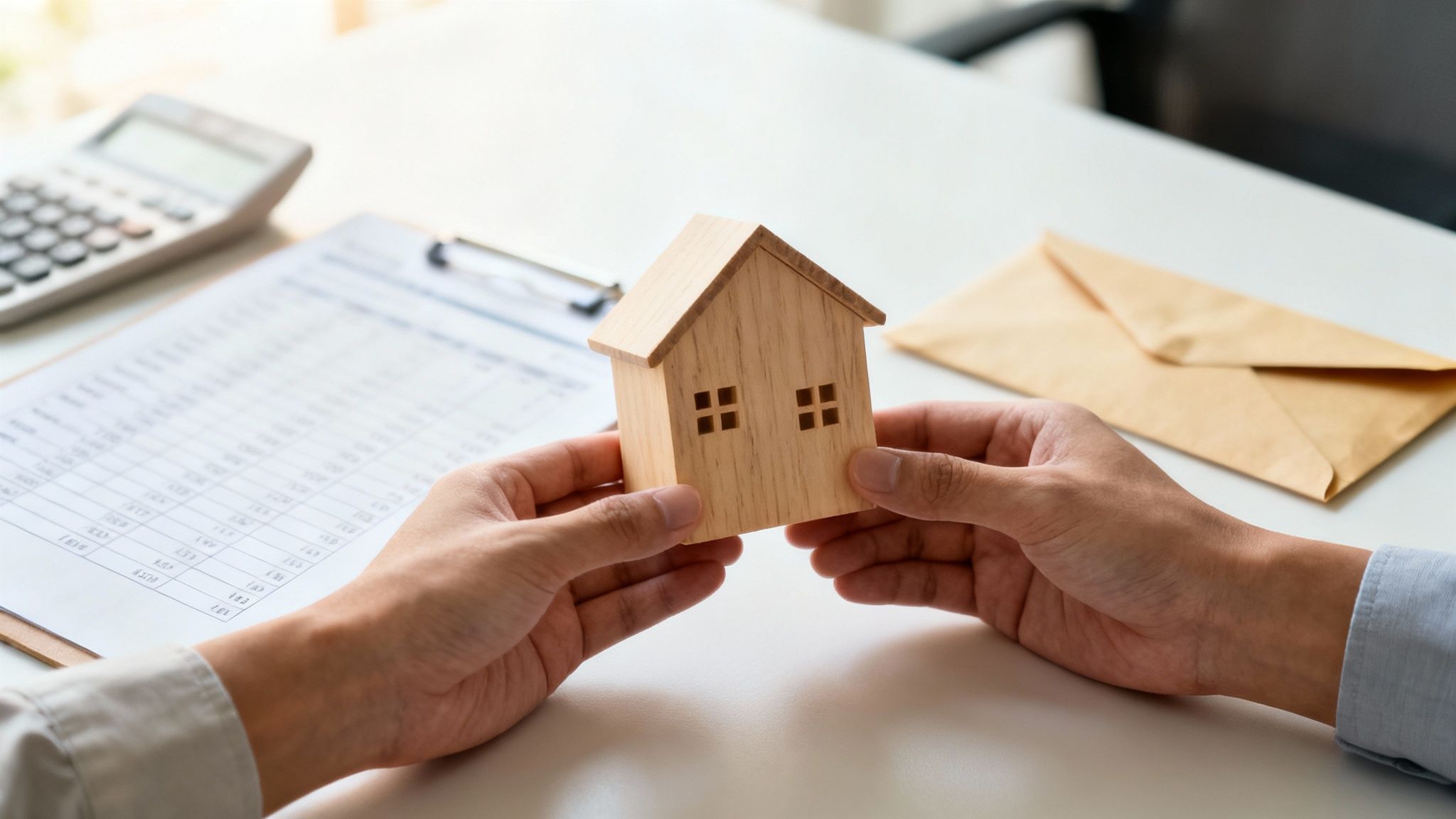 Two people exchanging wooden house model over estate settlement documents and calculator on desk