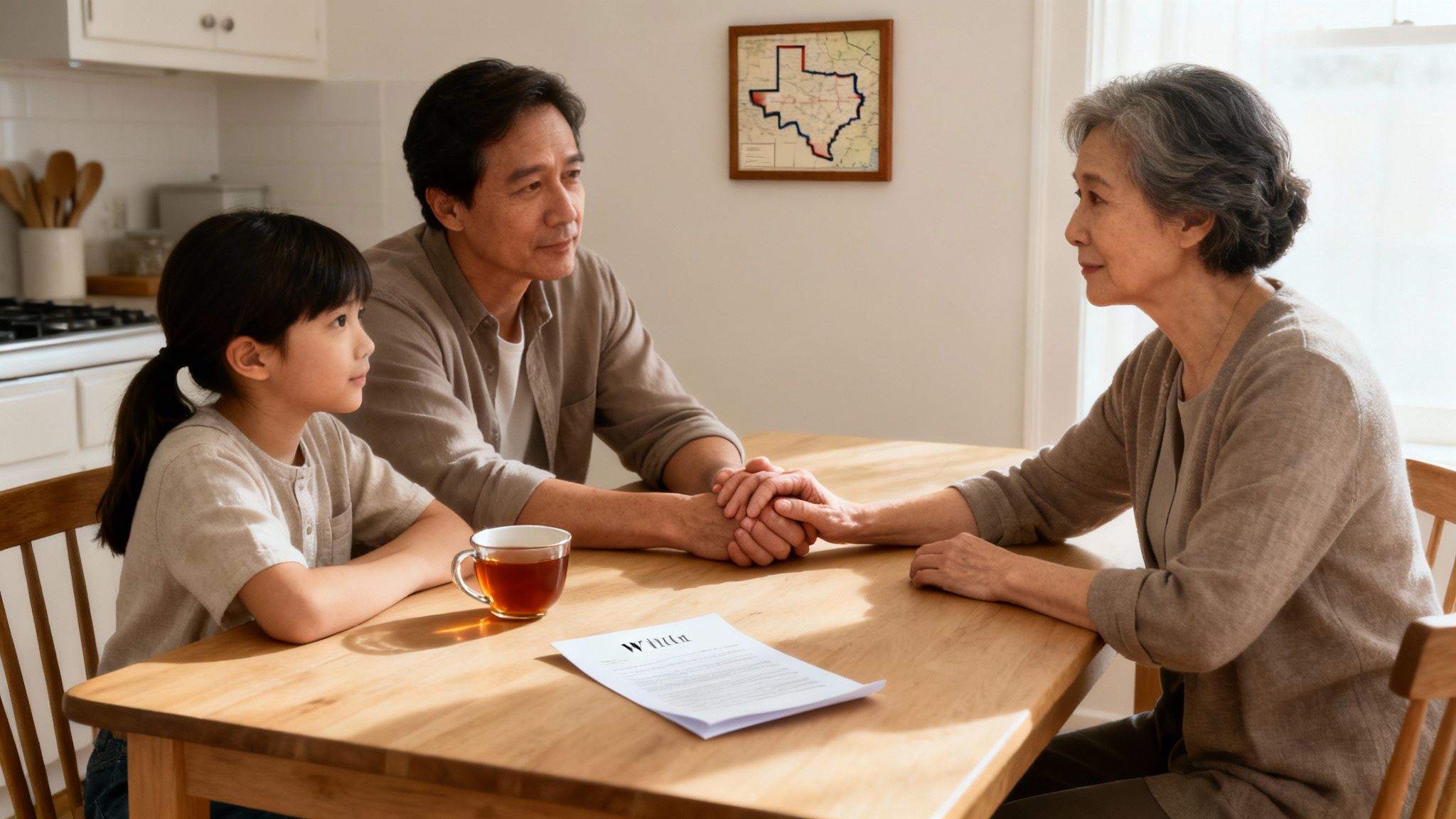 Family discussing a will during a probate consultation at a kitchen table, featuring a document titled "Will" and a cup of tea, symbolizing emotional support in Texas probate process.