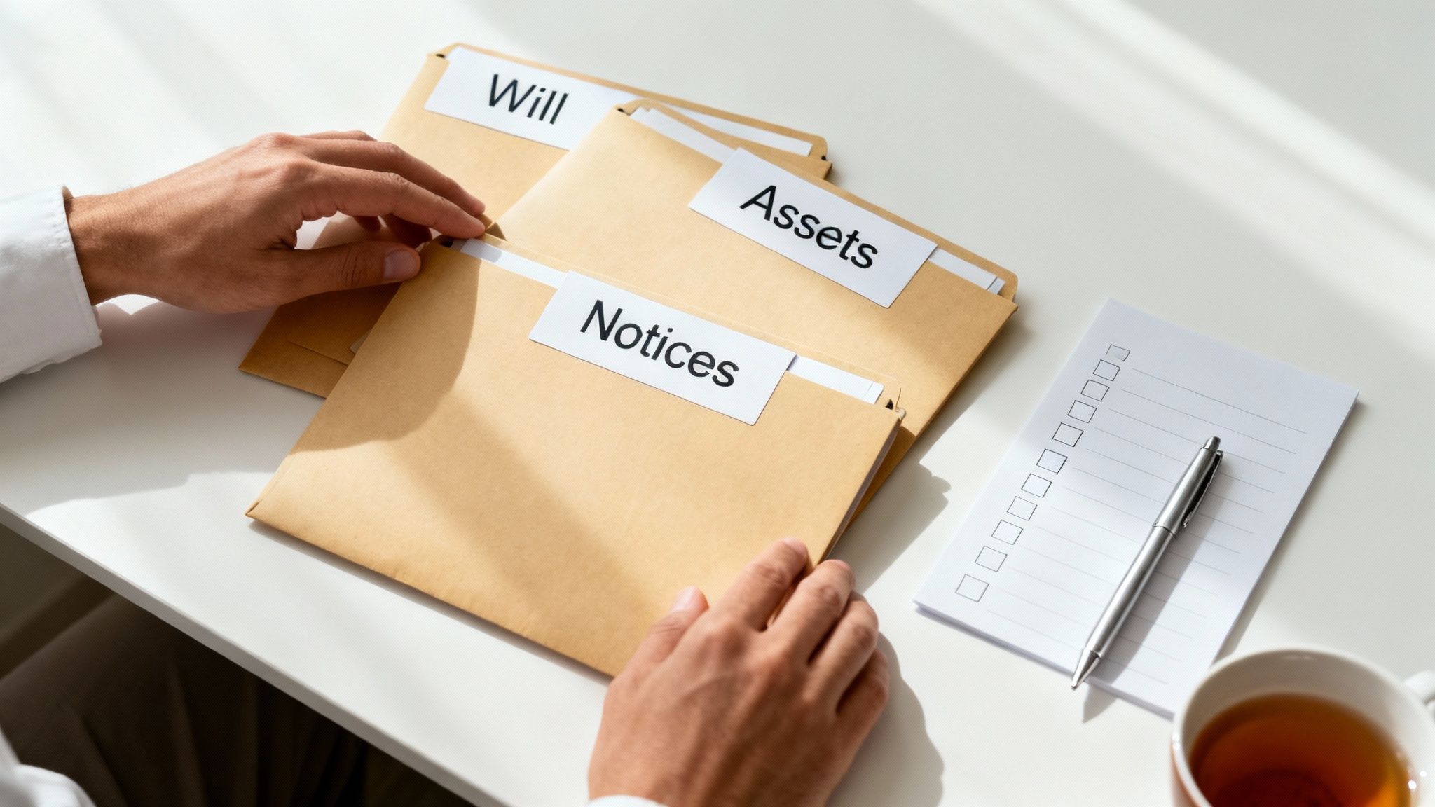 A person organizing important legal documents at a desk, looking prepared and focused.