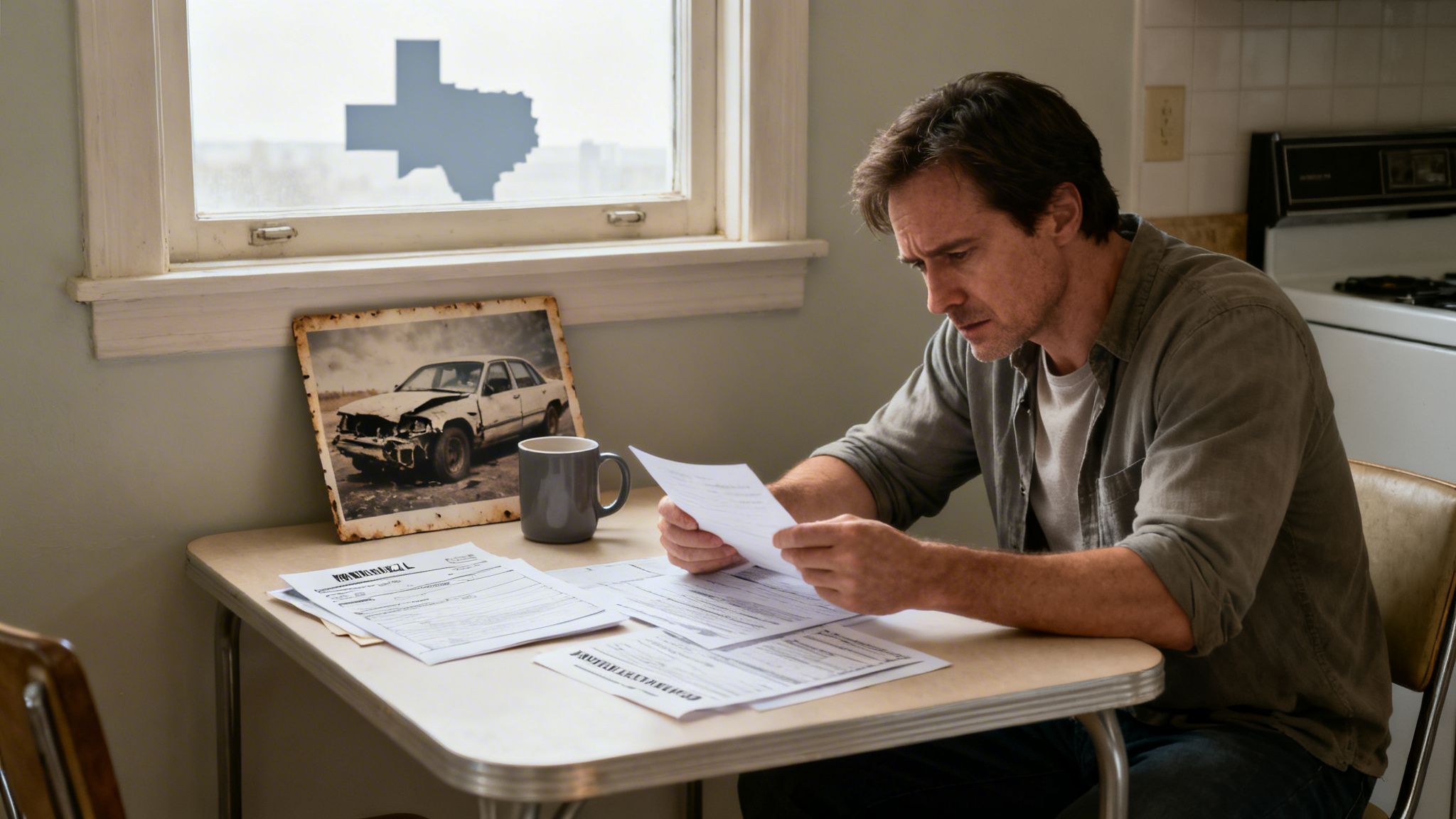 A man with a serious expression reviews documents at a table with a photo of a wrecked car.
