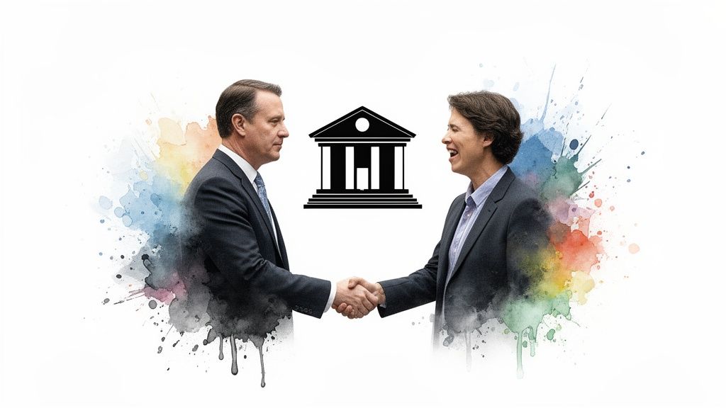 Two professionals shaking hands, symbolizing legal collaboration, with a courthouse icon and colorful splashes, representing deferred adjudication in Texas.