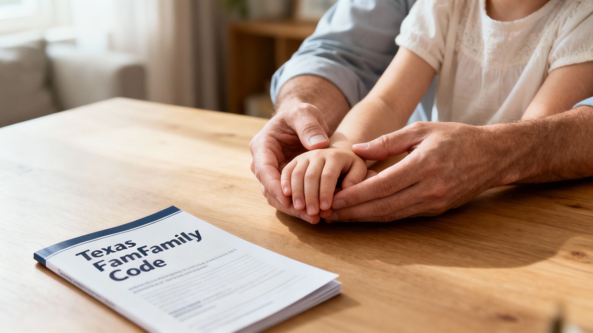 Adult's hands gently hold a child's hands next to a 'Texas Family Code' document.