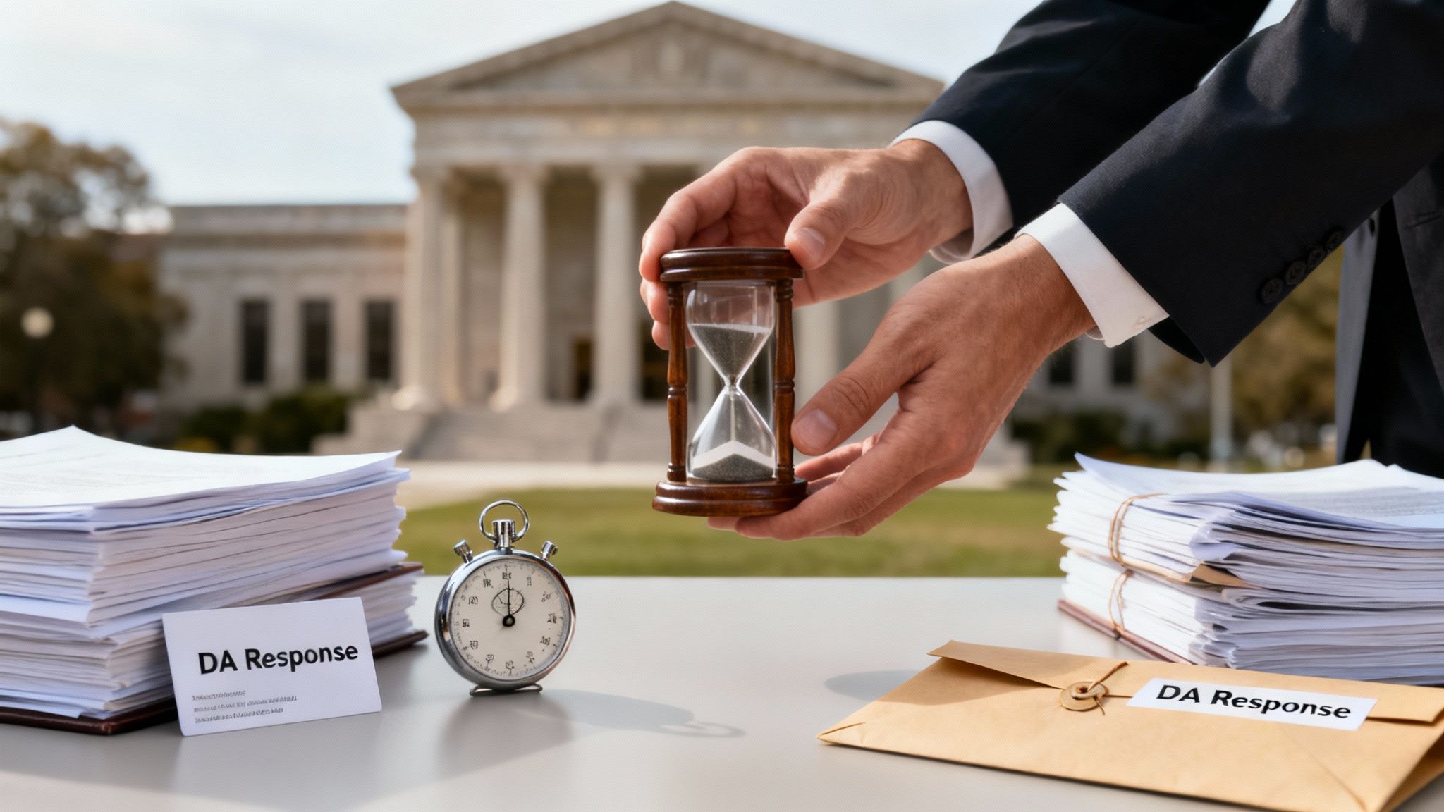 A person holding an hourglass over 'DA Response' legal documents and a stopwatch, with a courthouse backdrop.