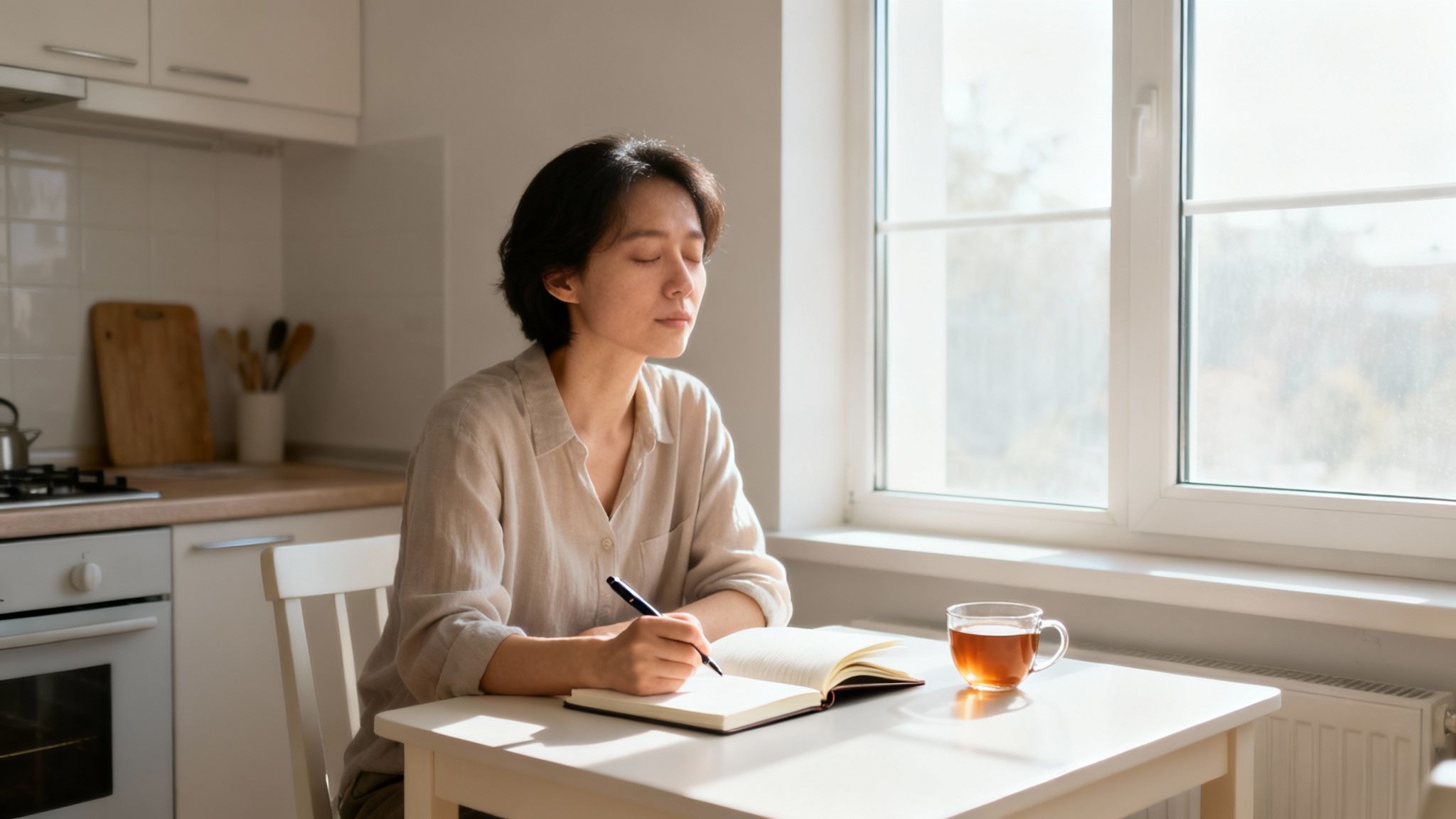 A woman with closed eyes writing in a journal at a sunlit kitchen table with a cup of tea.