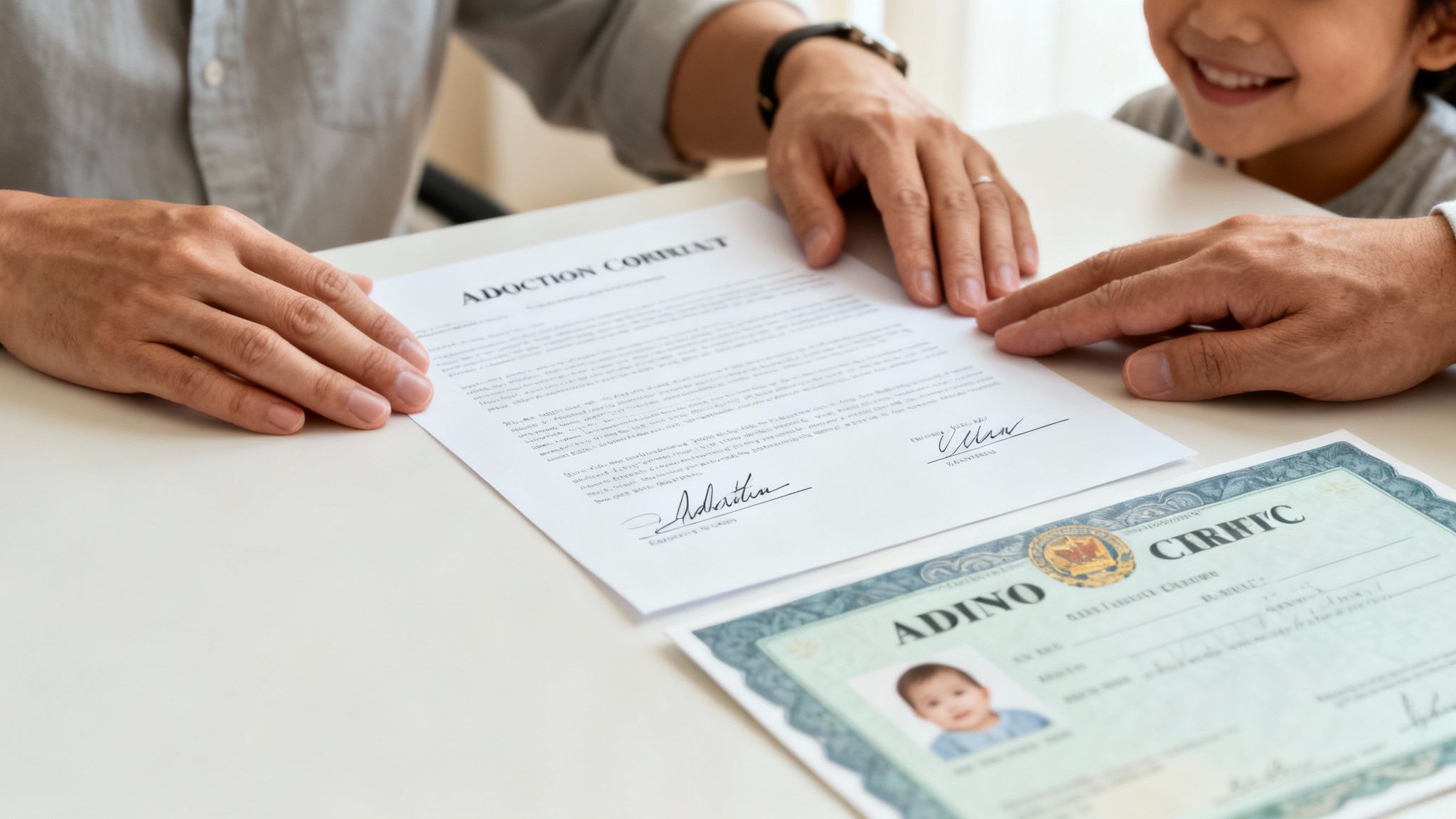 Adults' hands reviewing adoption papers and a certificate with a baby's photo, a child smiles nearby.