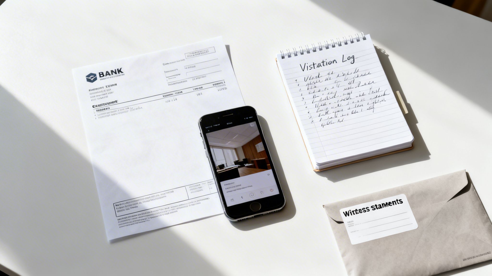 A flat lay of banking documents, a smartphone displaying an office, a "Vistation Log" notebook, and an envelope.