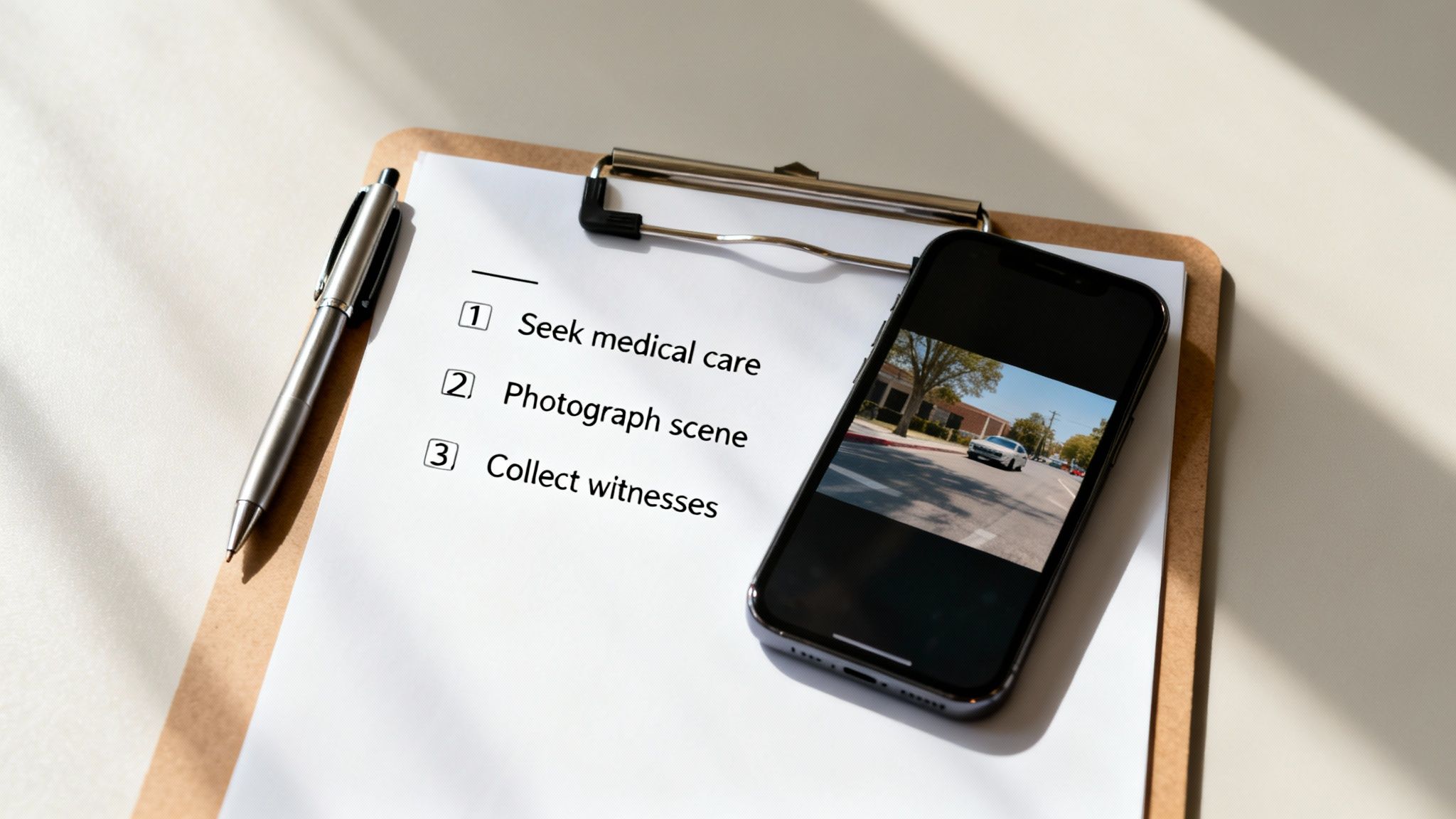 A checklist on a clipboard with a pen and a smartphone displaying a street scene photo, likely for an accident investigation.