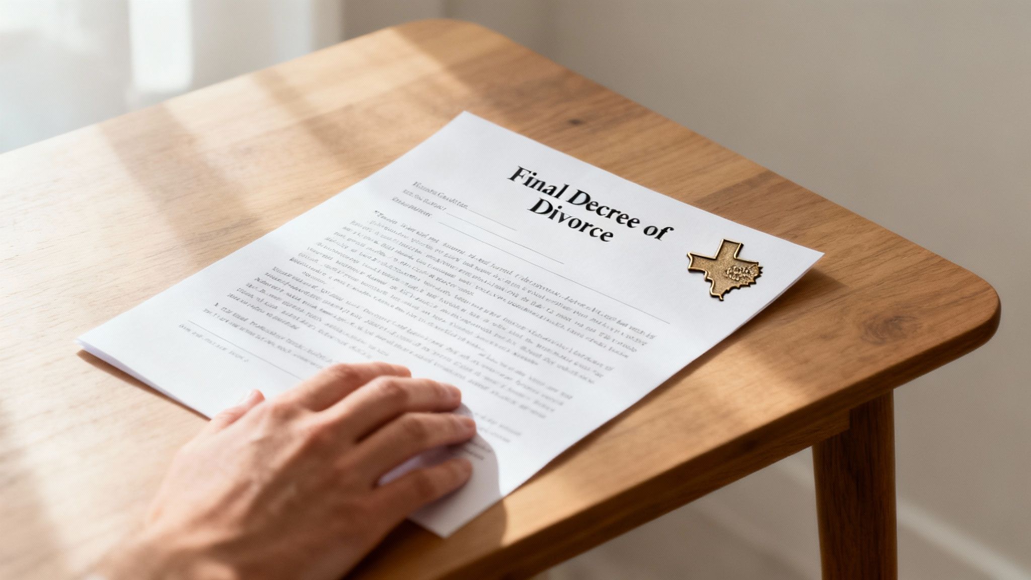 A person's hand resting on a final decree of divorce document with a Texas pin on a wooden table.