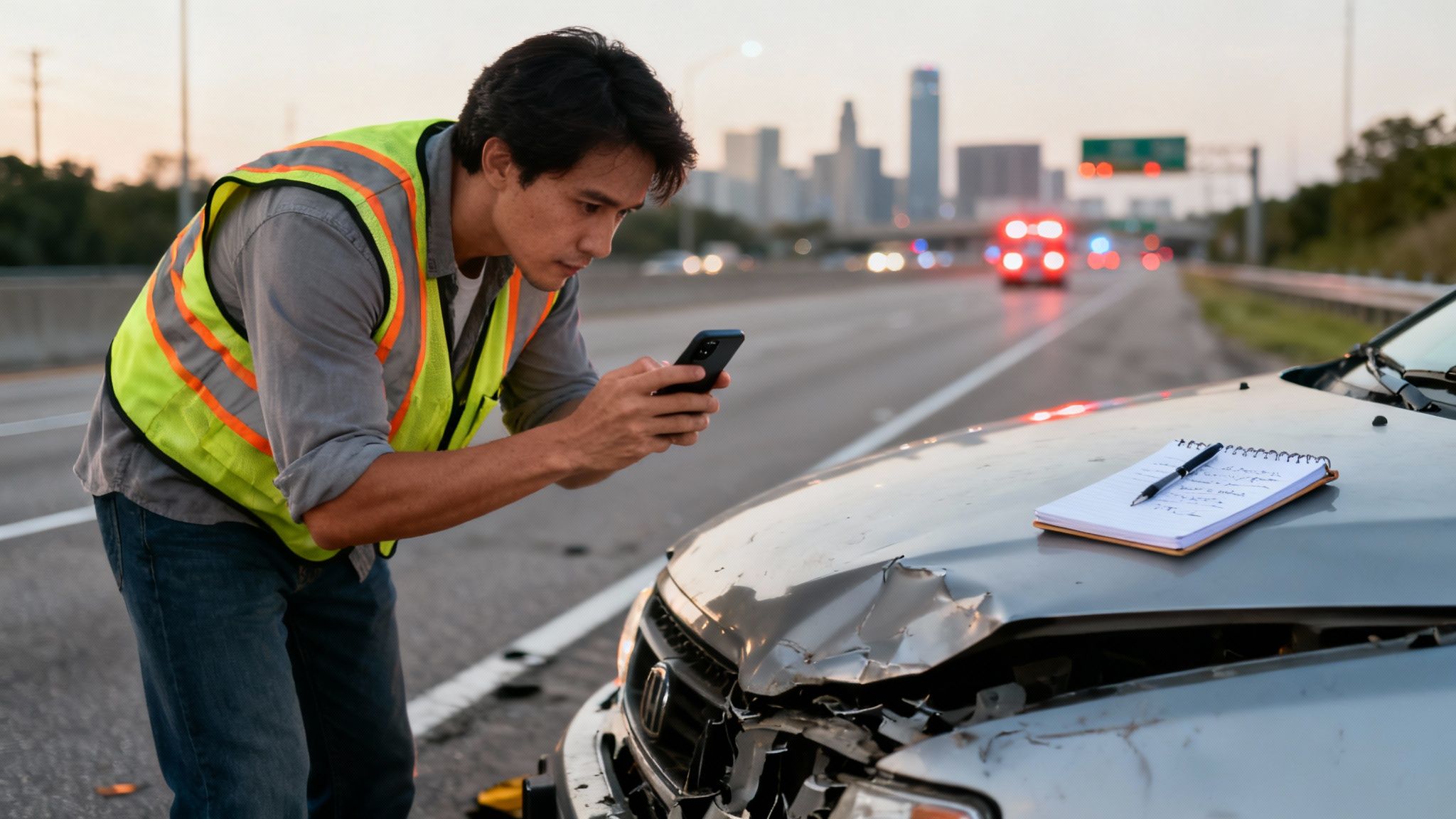 A calculator, pen, and documents on a desk, representing the calculation of an injury claim.