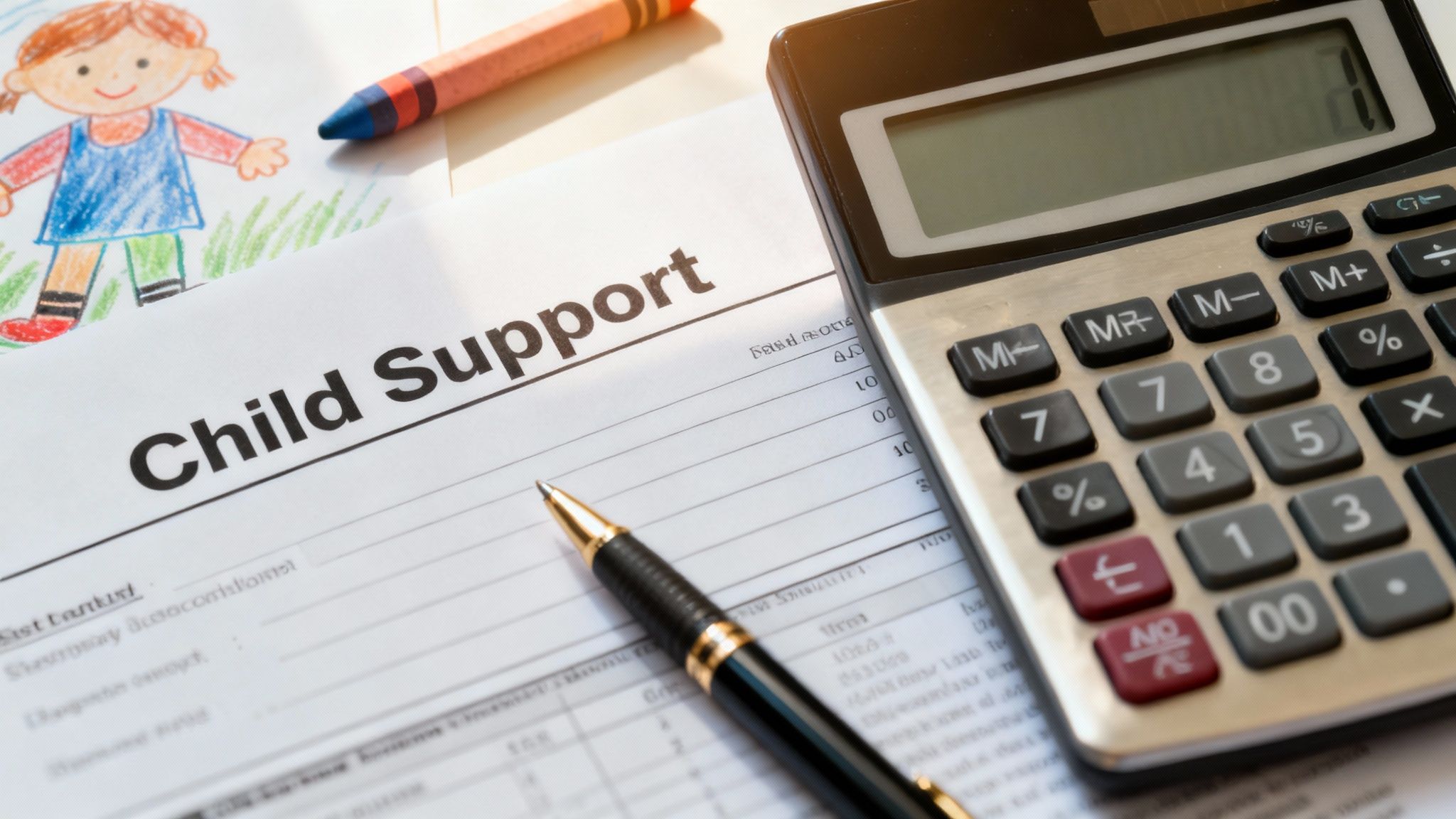 A calculator and pen on a table with family law documents.
