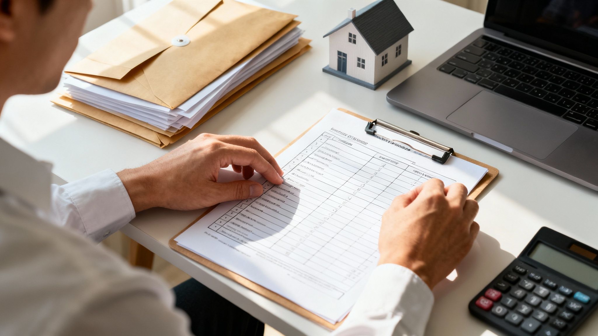 Hombre revisa documentos en escritorio con modelo de casa, laptop y calculadora, gestionando finanzas o propiedades.
