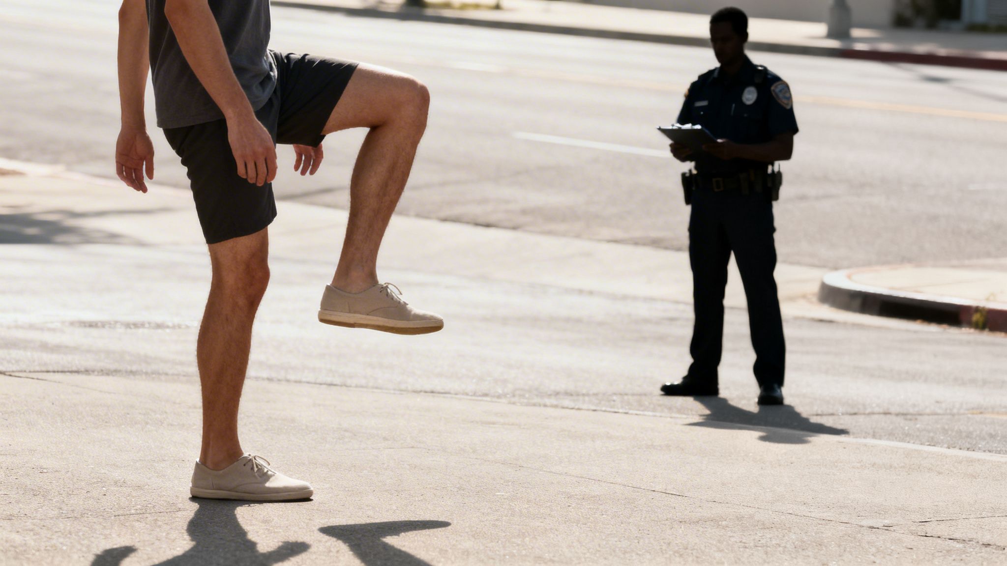 A man performs a one-leg stand field sobriety test as a police officer watches.