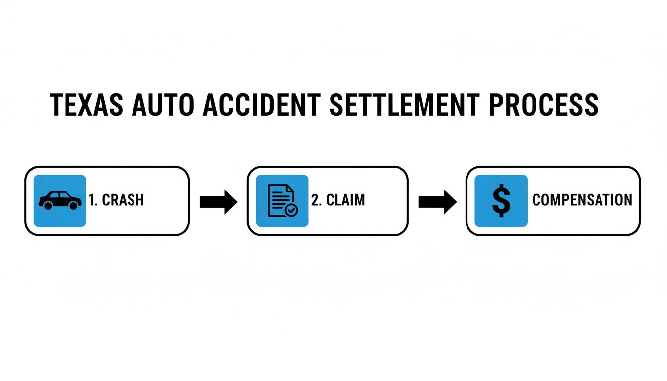 Flowchart illustrating the Texas auto accident settlement process from crash to compensation.