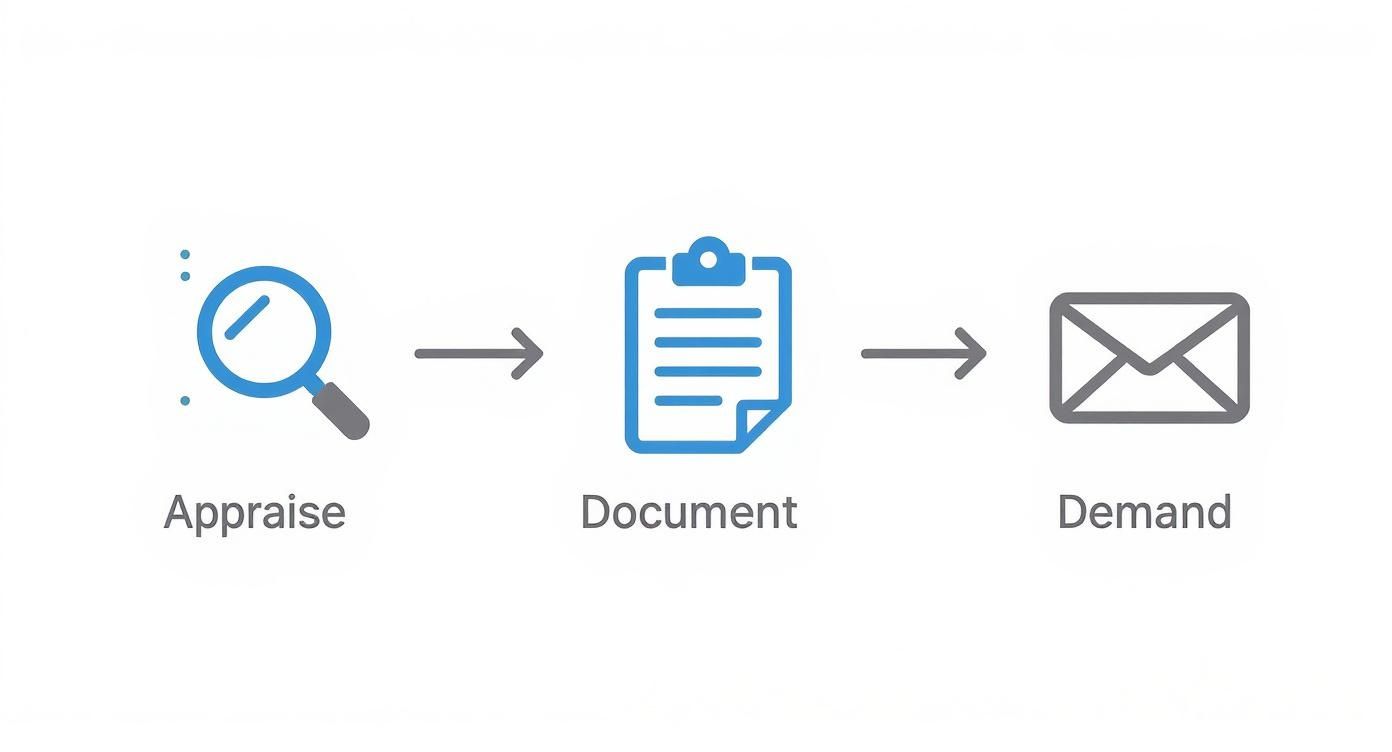 A flow diagram illustrating three steps: Appraise with a magnifying glass, Document with a clipboard, and Demand with an envelope.