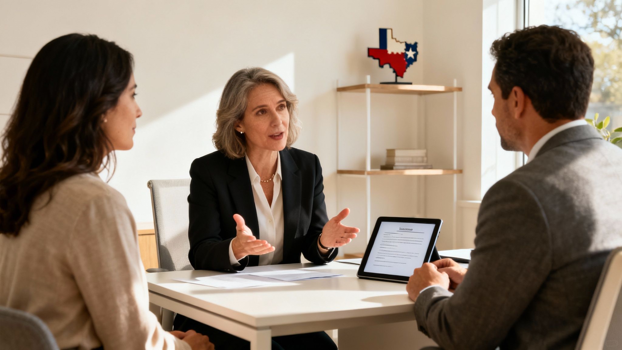A female lawyer explains estate planning details to a couple at an office table.