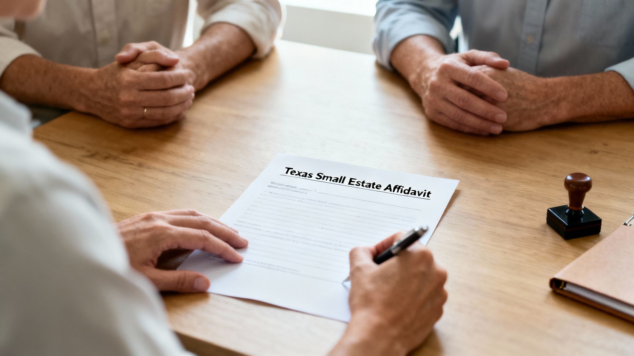A person is signing a "Texas Small Estate Affidavit" form at a wooden table, with two other individuals observing.