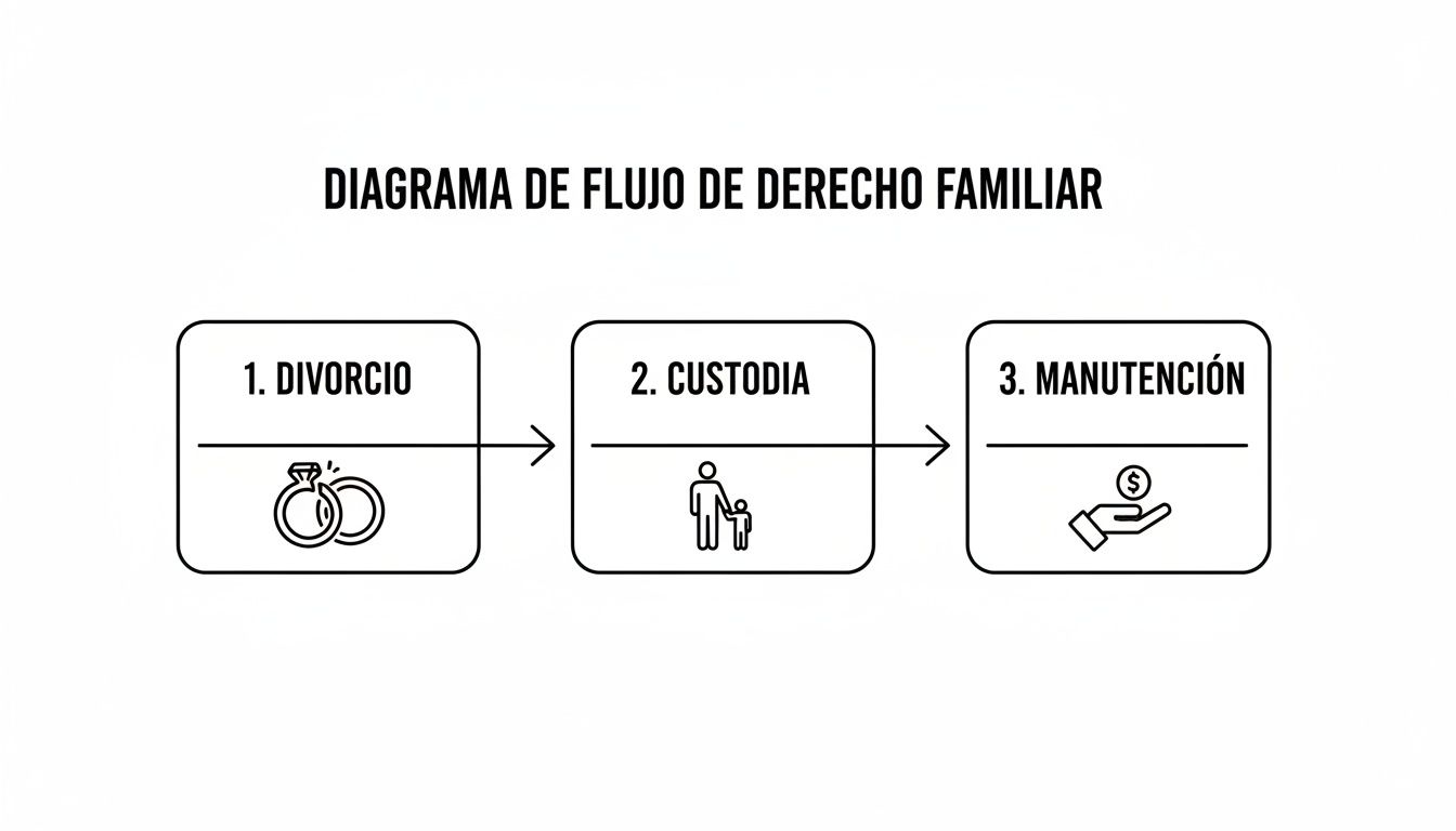 Diagrama de flujo de derecho familiar mostrando los pasos de divorcio, custodia y manutención.