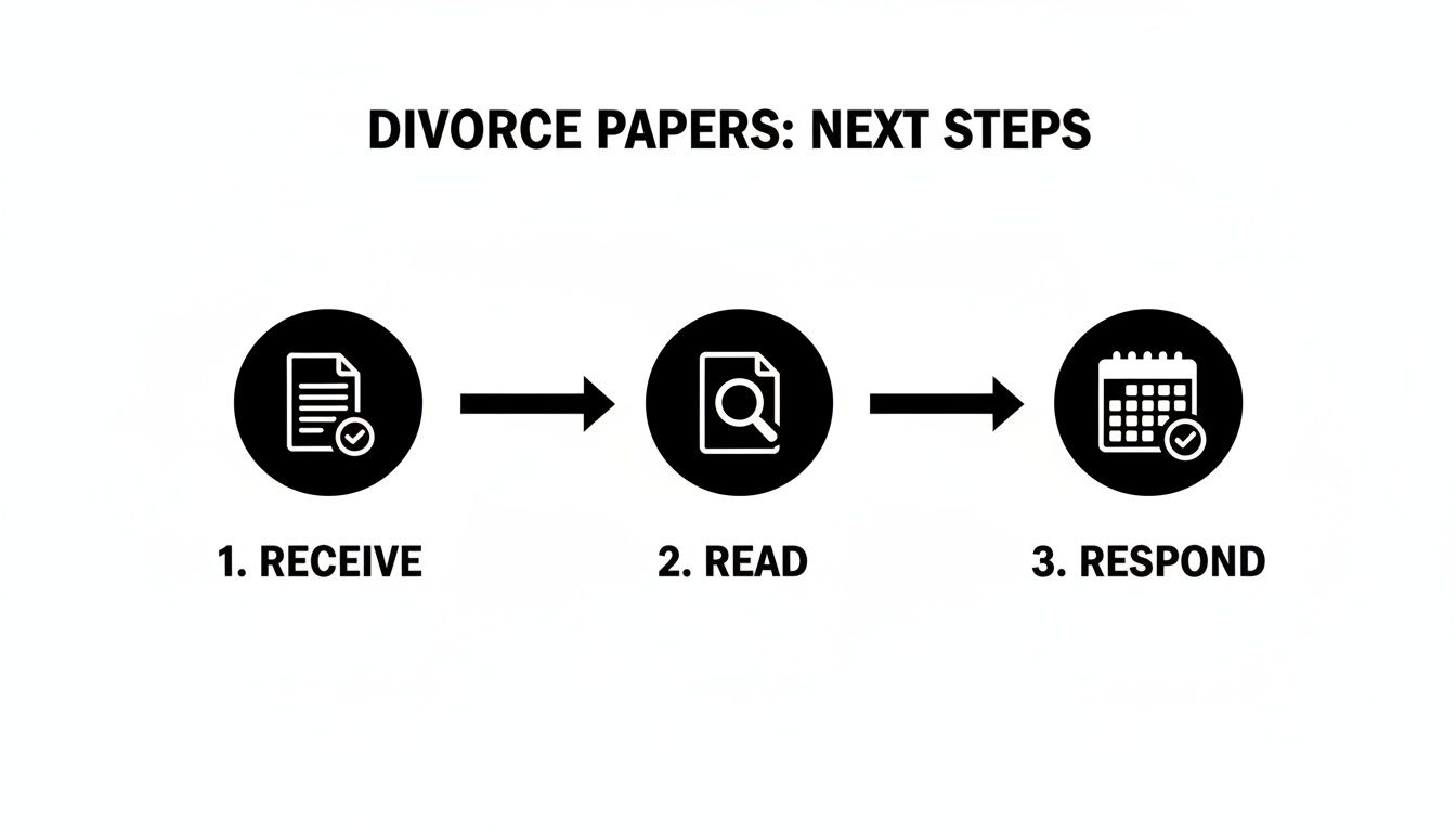 Divorce papers next steps infographic illustrating the sequence: Receive, Read, Respond, emphasizing crucial actions for individuals facing divorce.