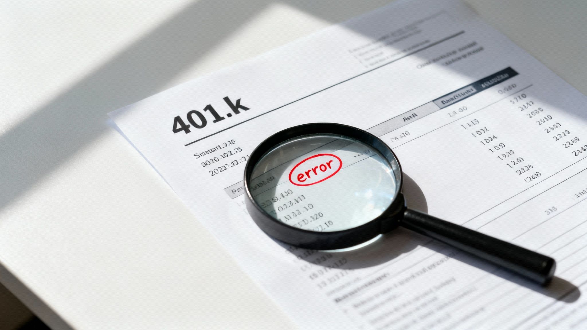 A magnifying glass highlights the word 'error' circled in red on a 401.k financial document.
