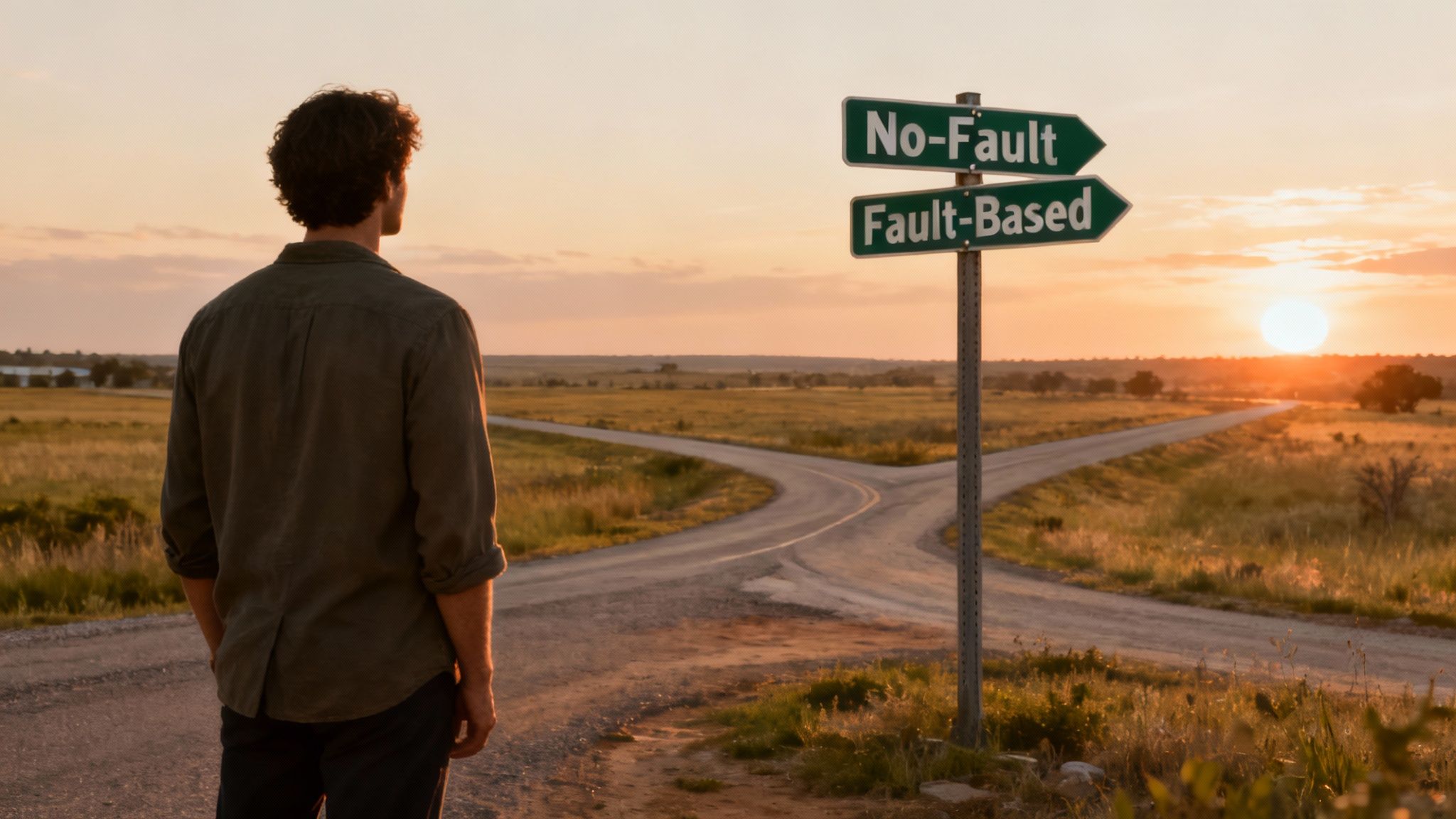 Person standing at a crossroads with signs indicating "No-Fault" and "Fault-Based" divorce options, symbolizing choices in the Texas divorce process at sunset.