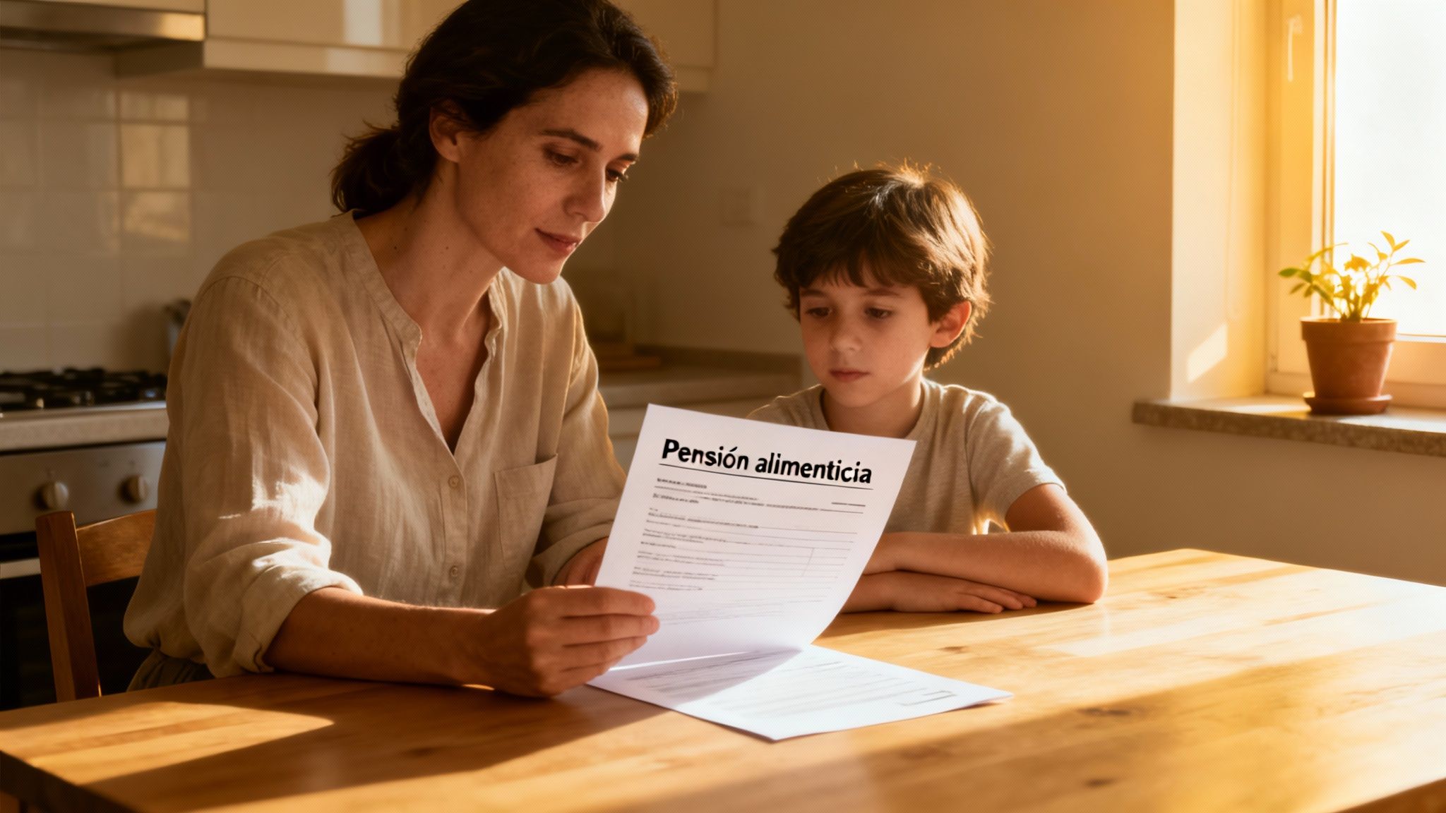 Madre e hijo sentados en una mesa leyendo un documento titulado 'Pensión alimenticia' con luz solar.