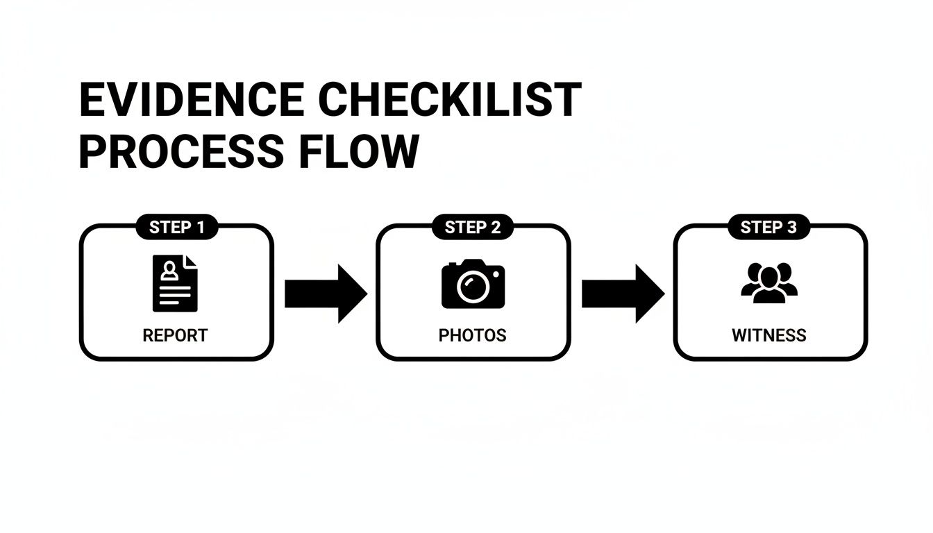 A three-step evidence checklist process flow diagram with report, photos, and witness stages.