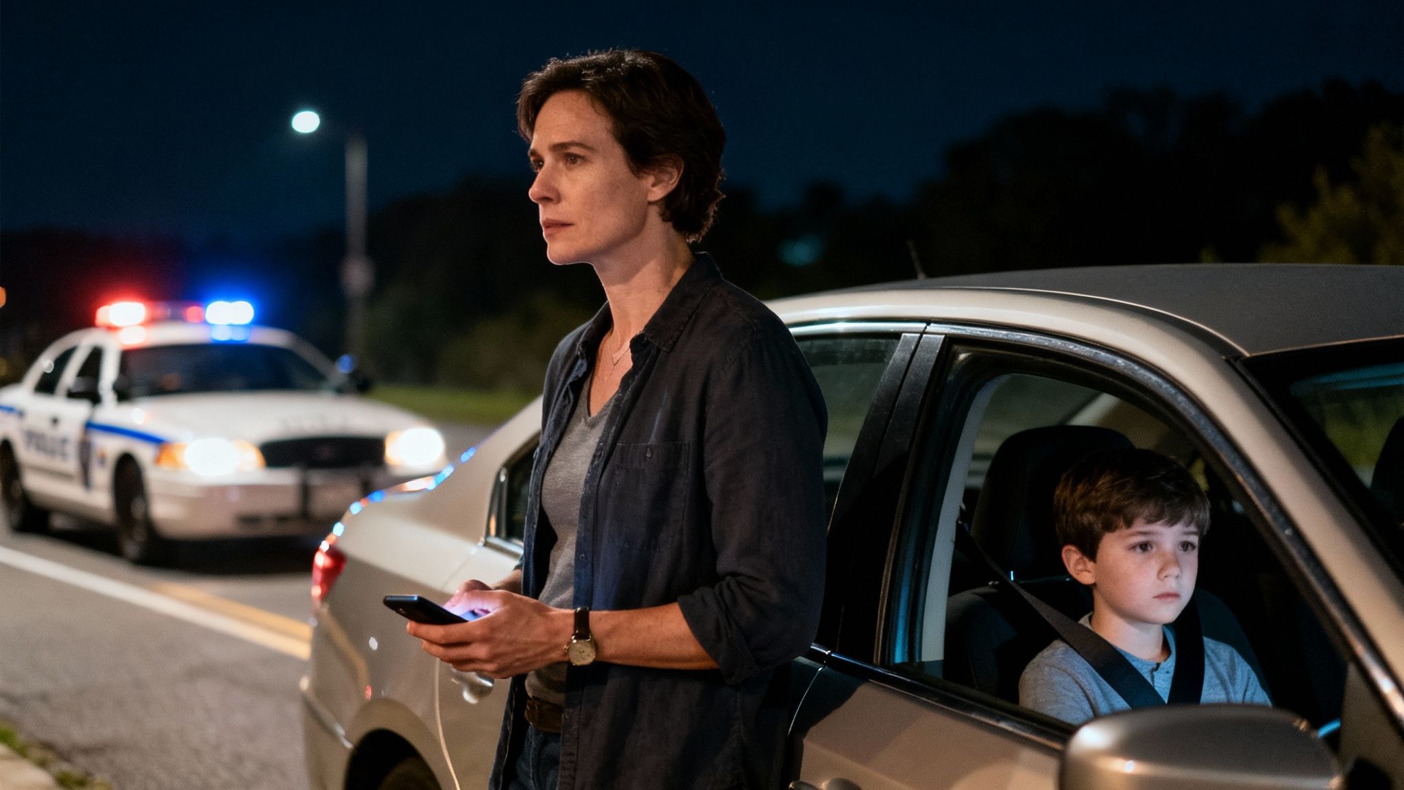 A concerned woman stands by her car, holding a phone, with a child inside and a police car behind.