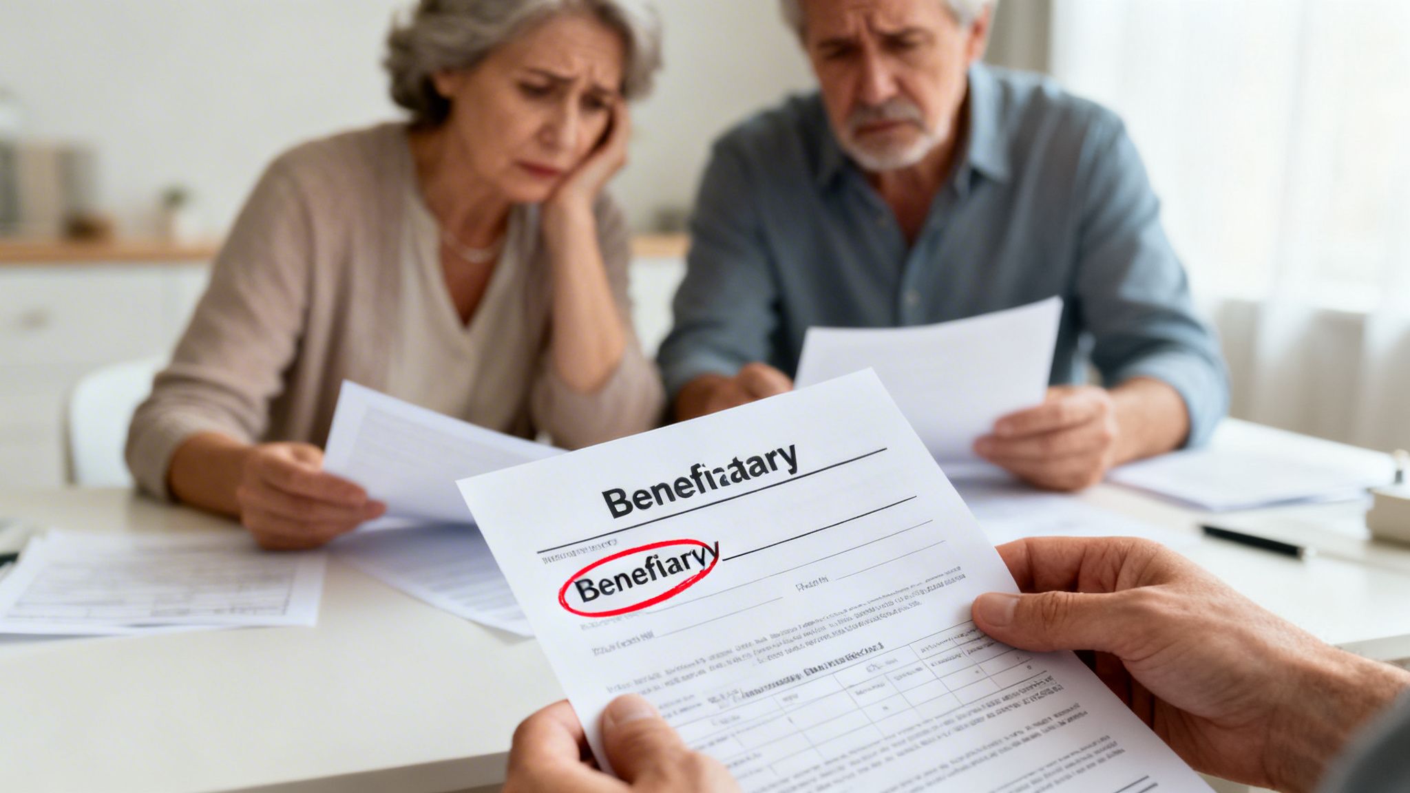 Hands holding a beneficiary form, with a worried elderly couple reviewing documents in the background.