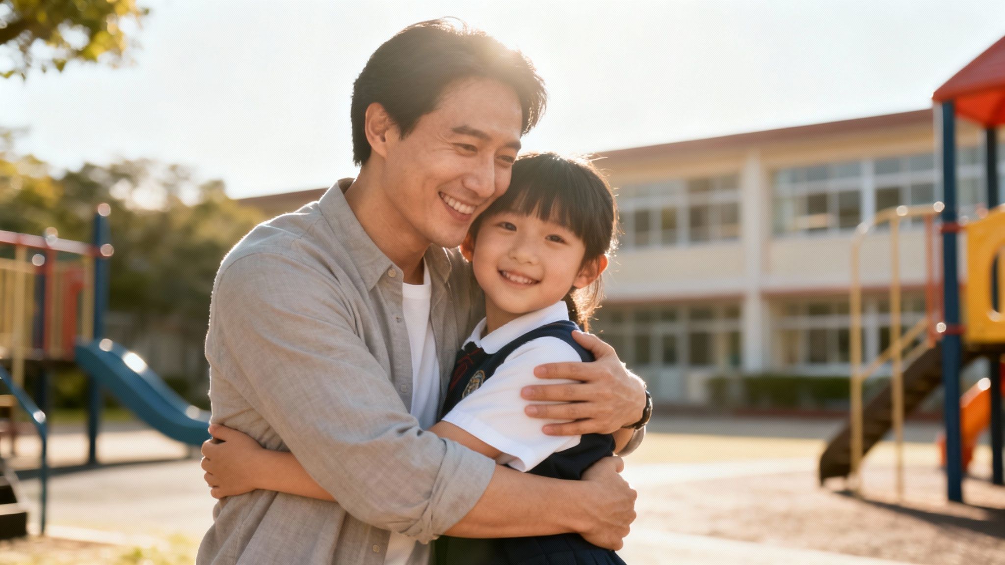 A loving Asian father hugs his smiling daughter at a sunny school playground.