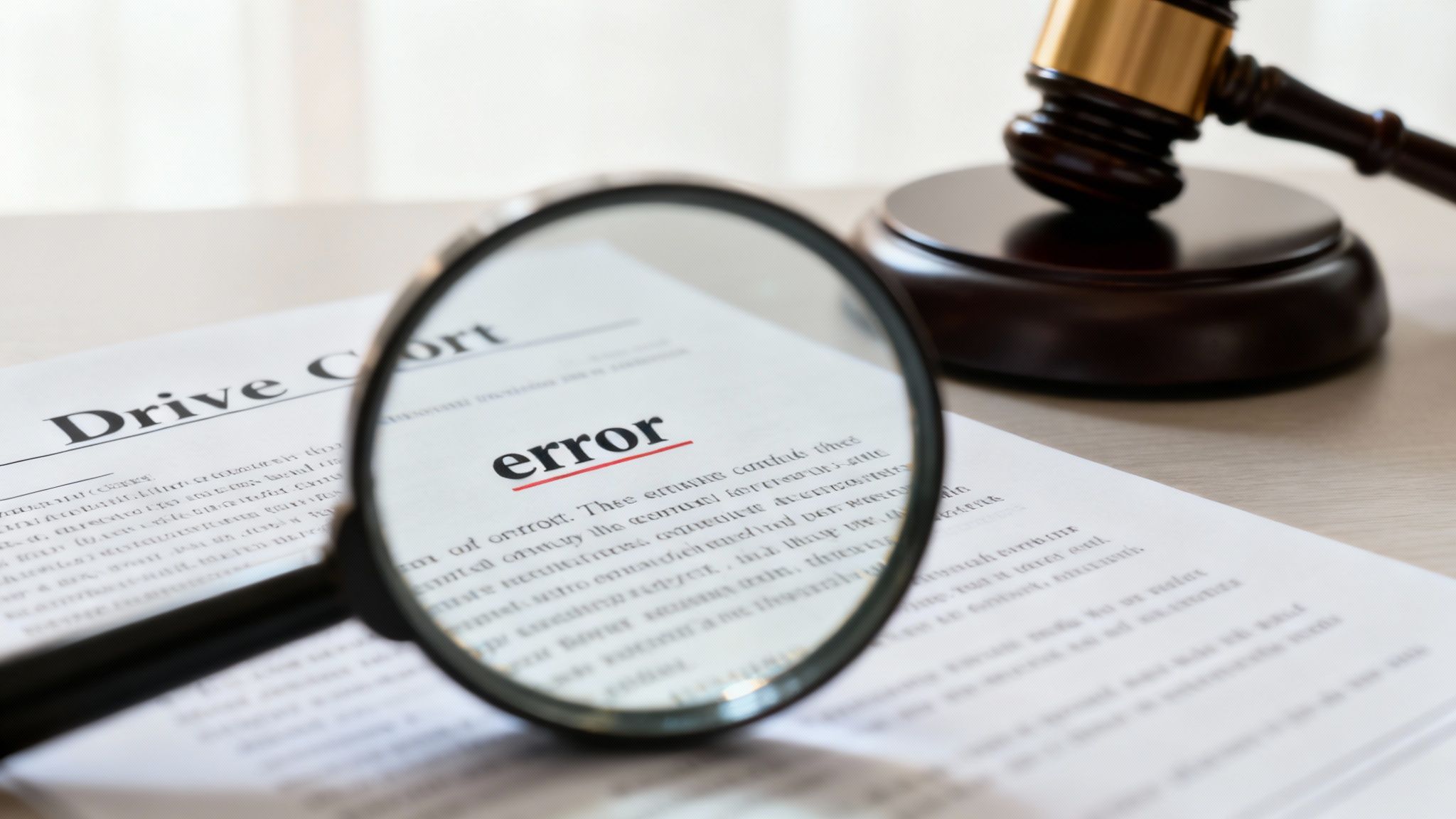 A magnifying glass highlights 'error' on a legal document with a judge's gavel nearby.