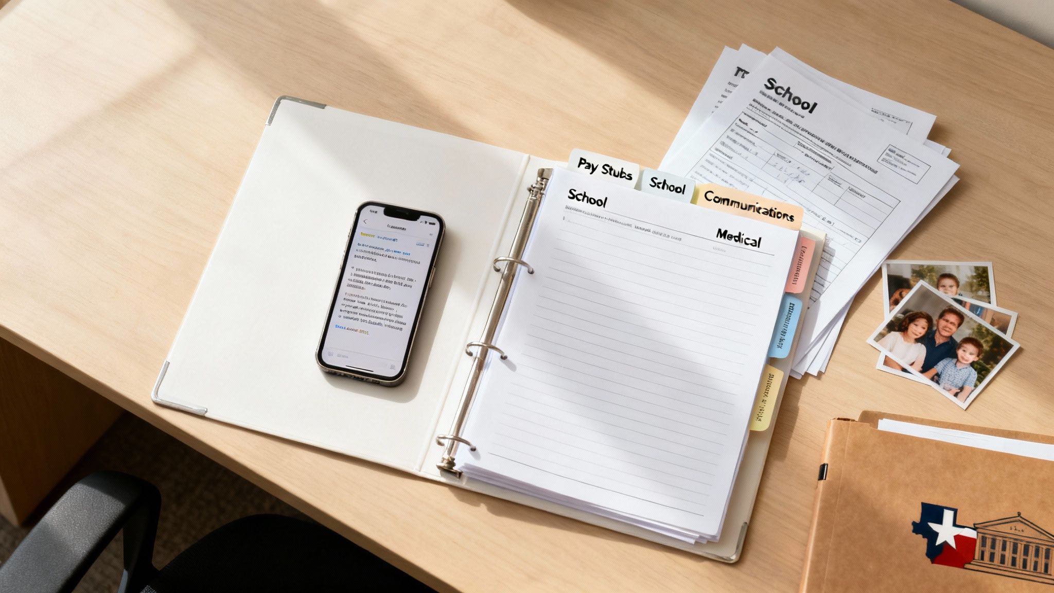 A neatly organized desk with a binder, school documents, a phone, and family photos.