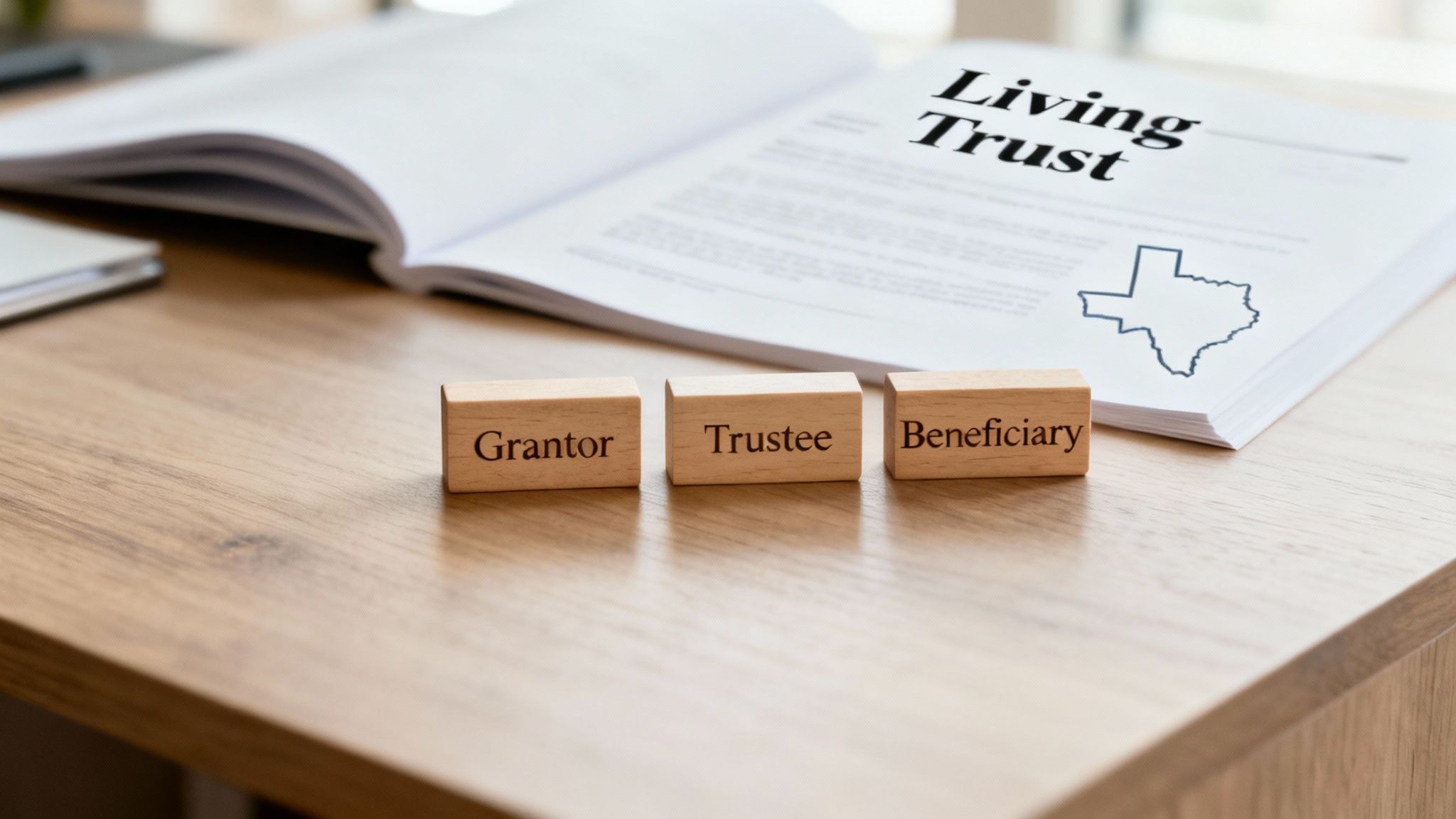 Wooden blocks labeled "Grantor," "Trustee," and "Beneficiary" on a wooden desk beside a document titled "Living Trust" featuring a Texas outline, symbolizing key roles in a Texas living trust for estate planning.
