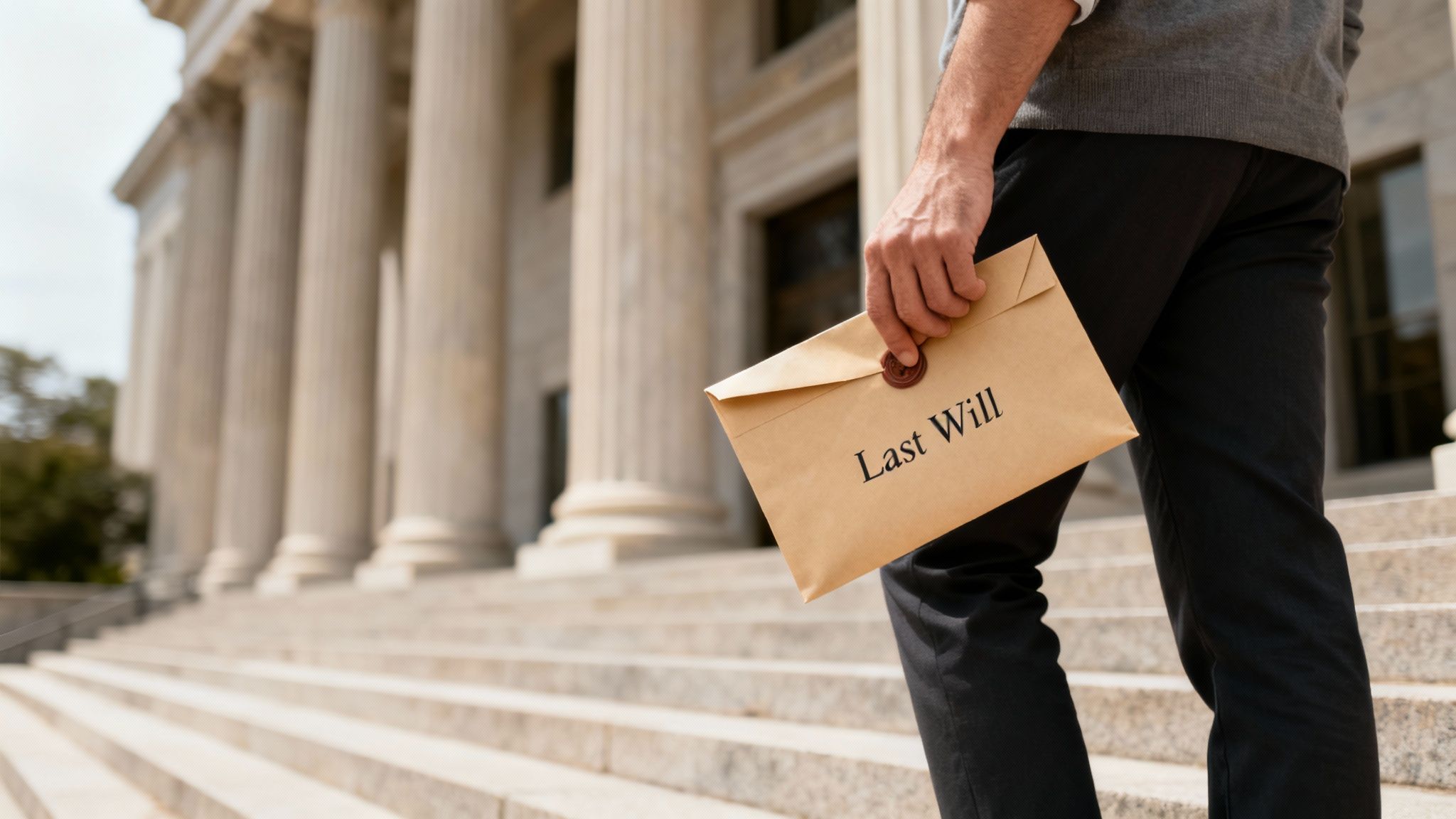 A person holds a 'Last Will' envelope with a wax seal, walking towards a courthouse.