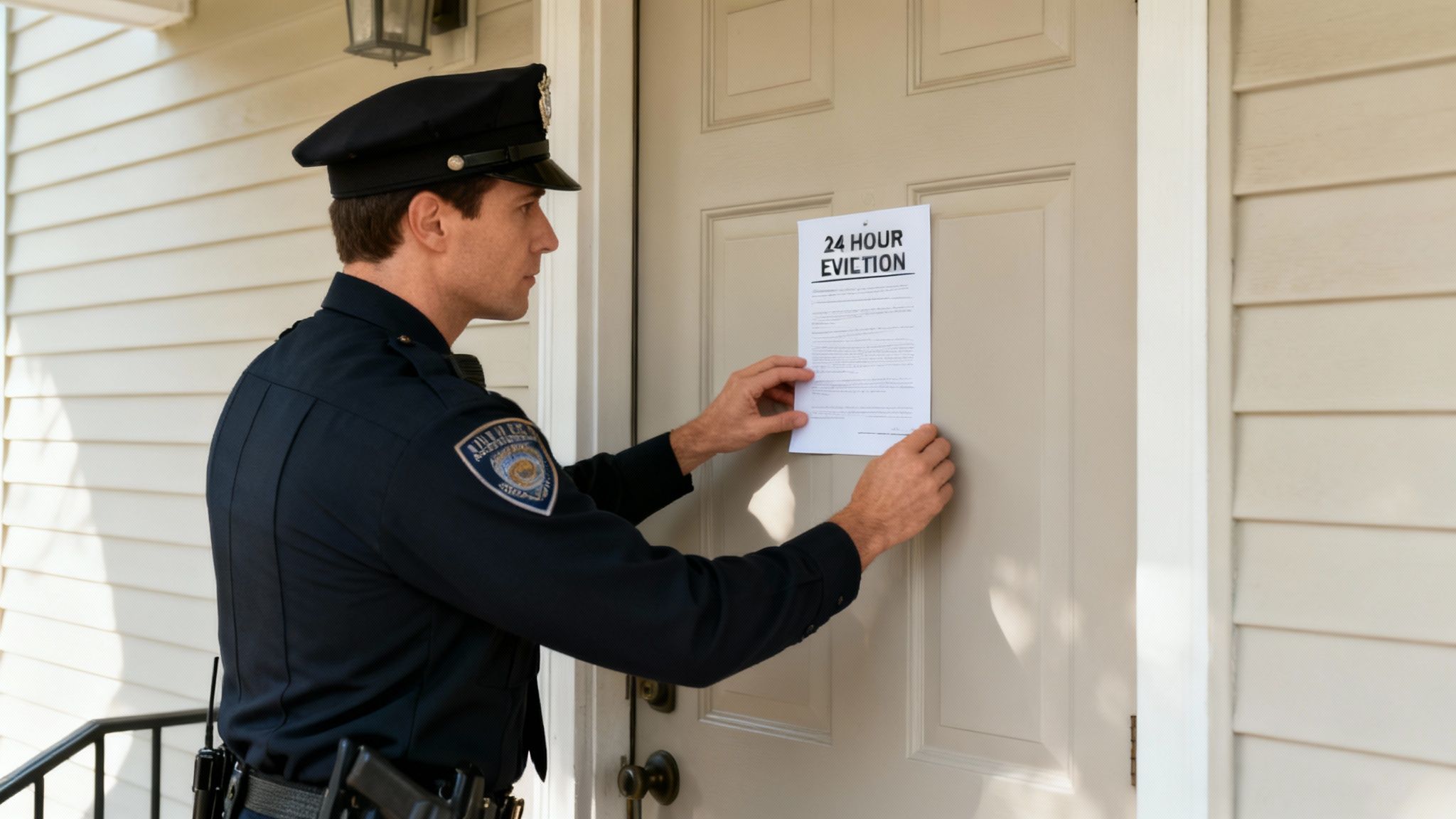 Police officer posting a "24 Hour Eviction" notice on a residential door, illustrating the enforcement of a writ of possession in Texas eviction proceedings.